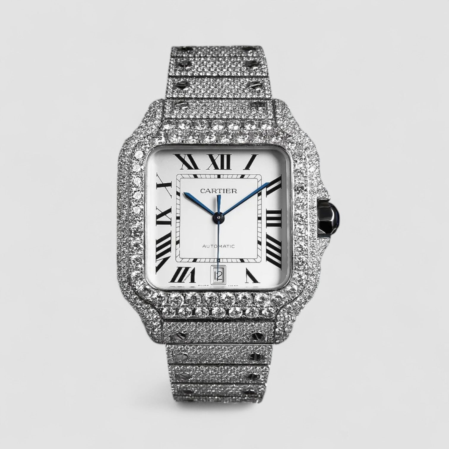 Santos Large – Custom Diamond-Set with White Roman Dial – Blue Sword Hands Iced Out