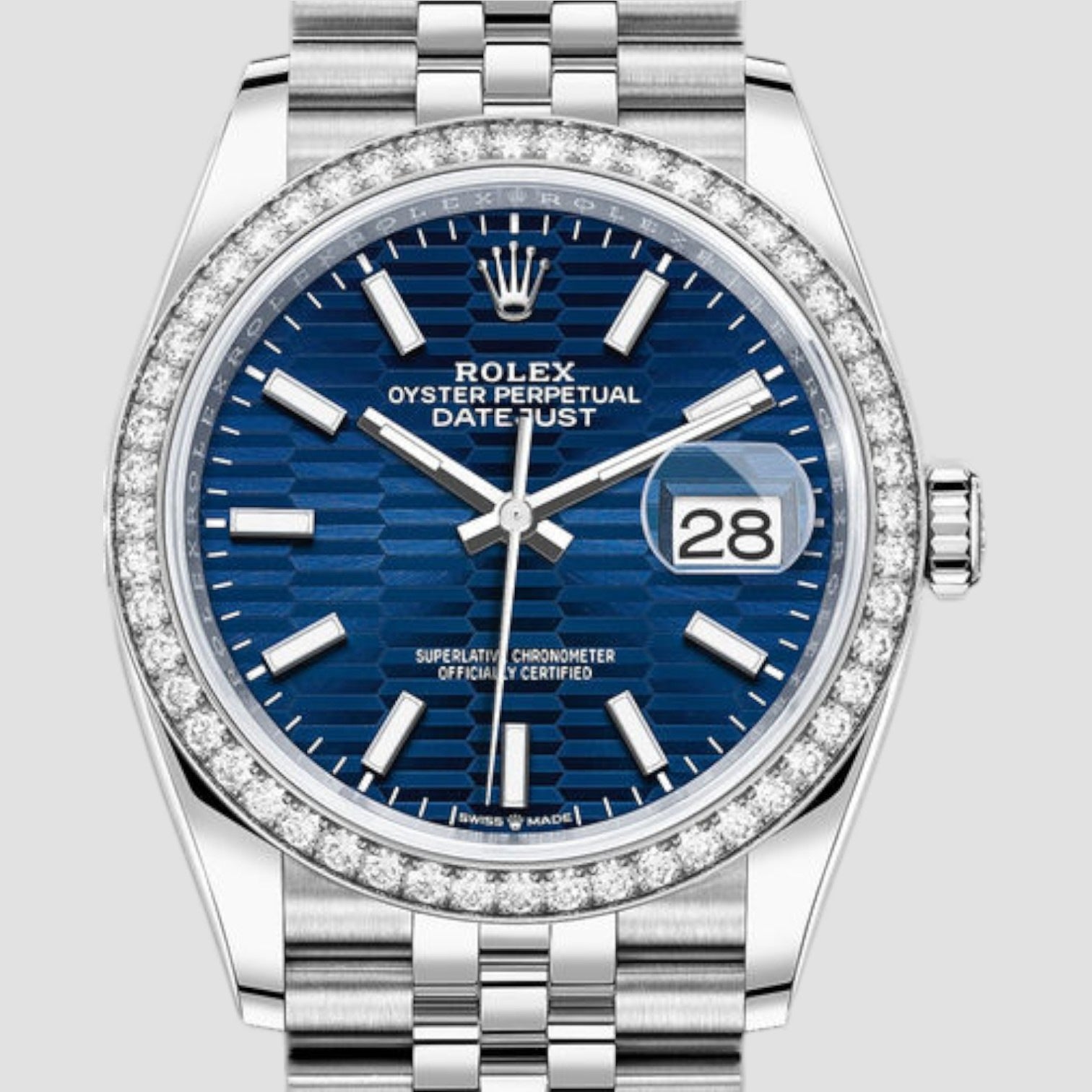 Datejust 36 White Rolesor Bright Blue Fluted Diamond Bezel