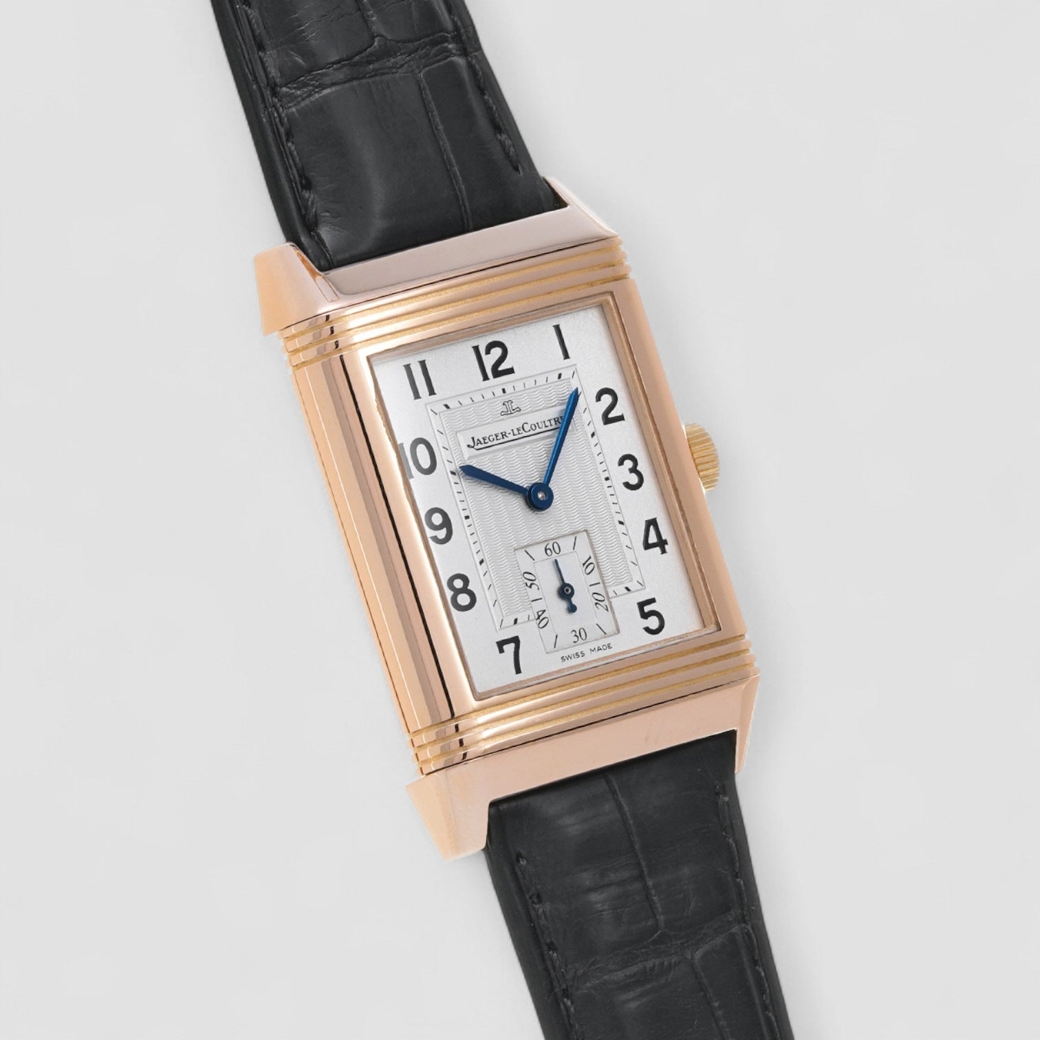 Reverso Grande Taille Silver Dial Black Leather Men's Watch