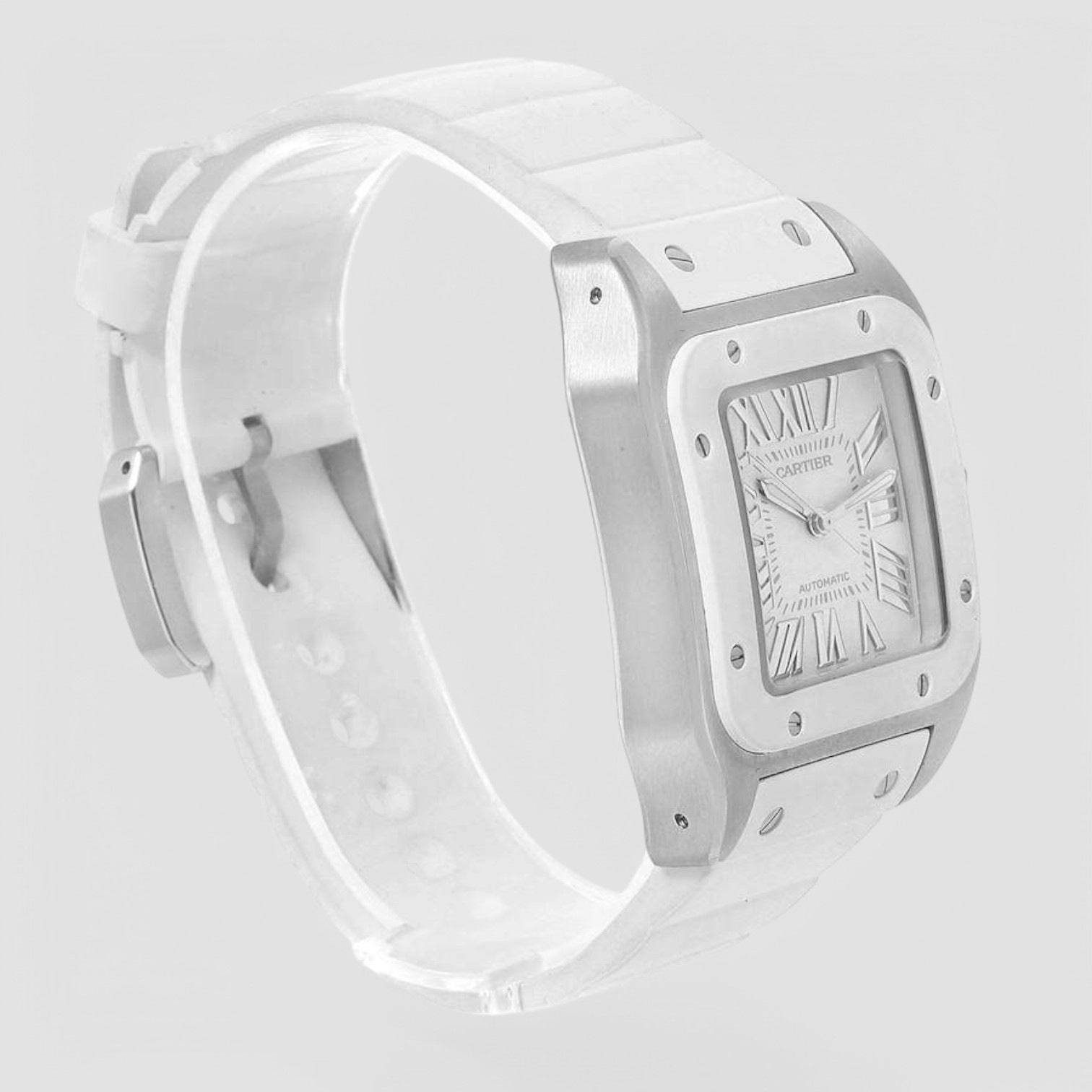 Santos 100 White Rubber Strap Steel Ladies Watch