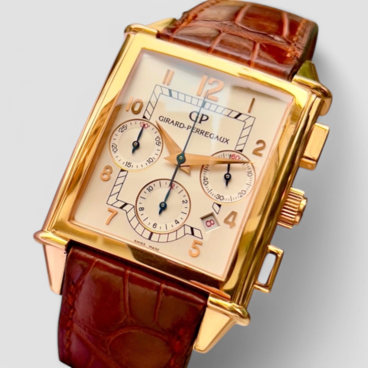 Vintage 1945 Silver Dial 18kt Rose Gold Brown Leather Men's Watch