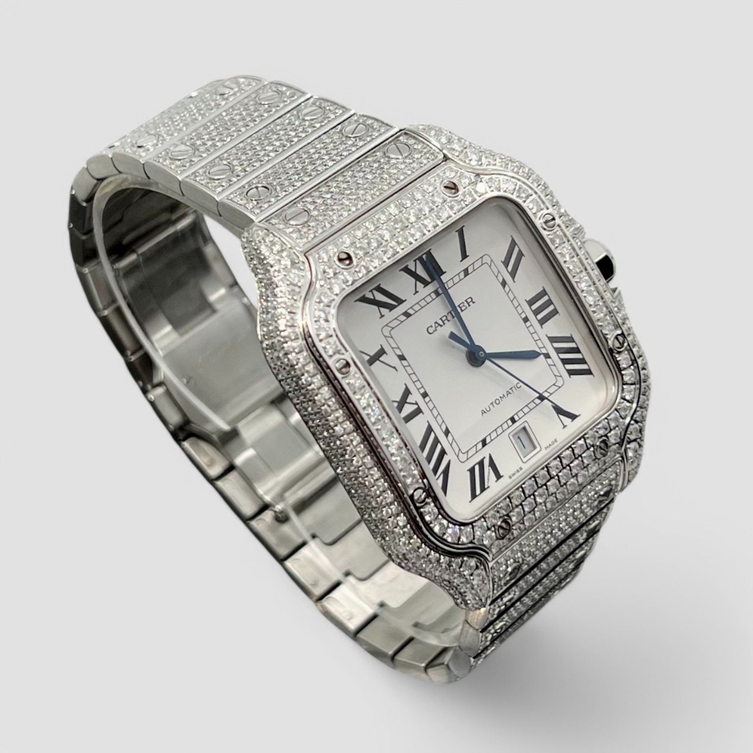 Santos De Cartier Iced Out Diamond – White Dial