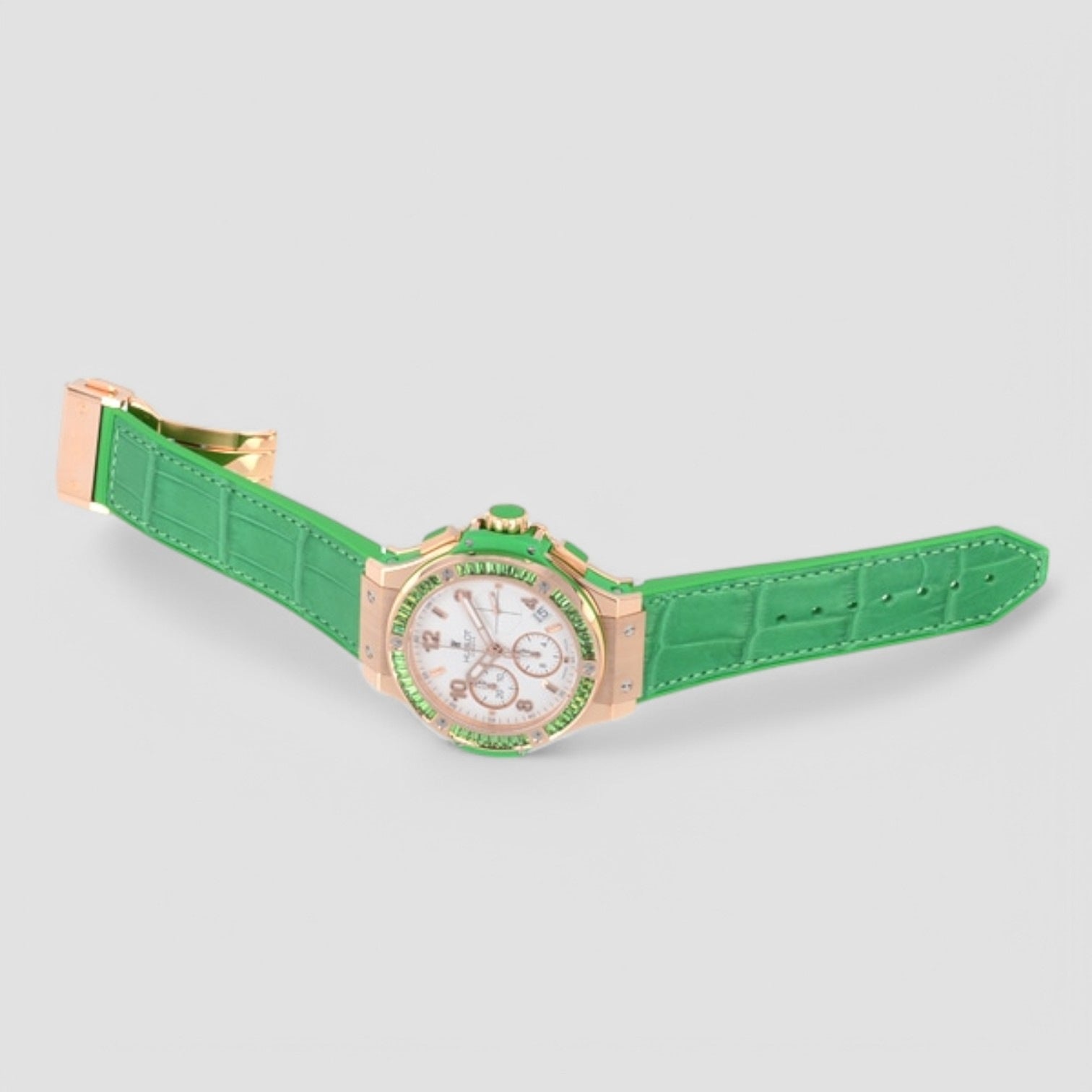 Tutti Frutti Rose Gold White Arabic Dial Tsavorite Bezel & Green Leather 41mm