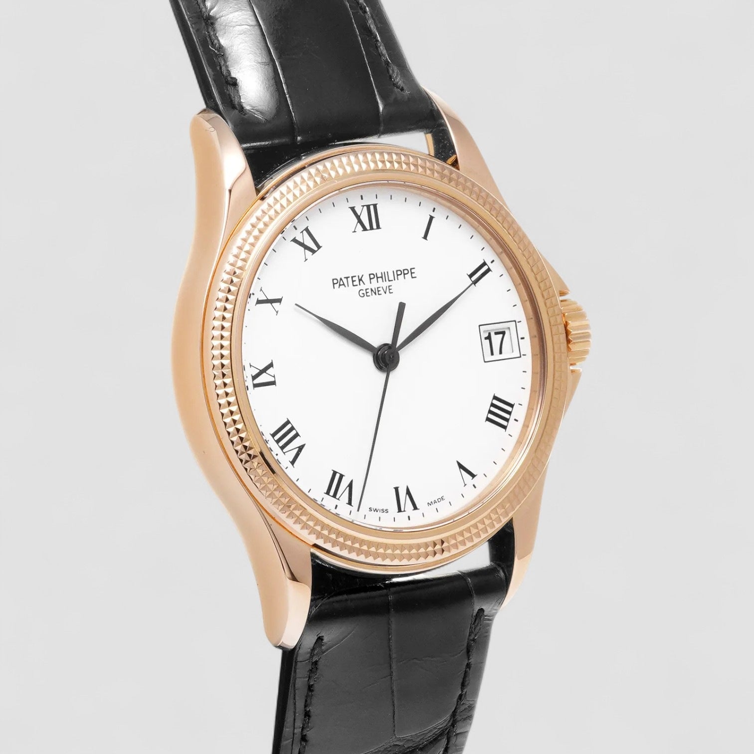 Calatrava 18K Rose Gold White Roman Hobnail