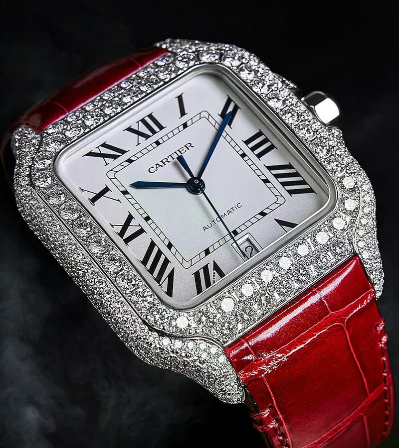 Santos Large – Steel – Custom Diamond-Set with Red Alligator Bracelet Iced Out