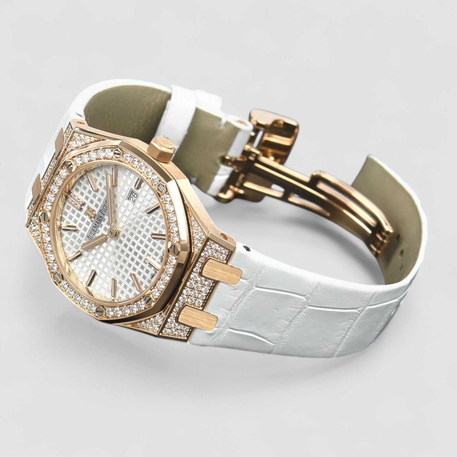 Royal Oak Quartz Ladies Rose Gold Silver Index Diamond Bezel 33mm