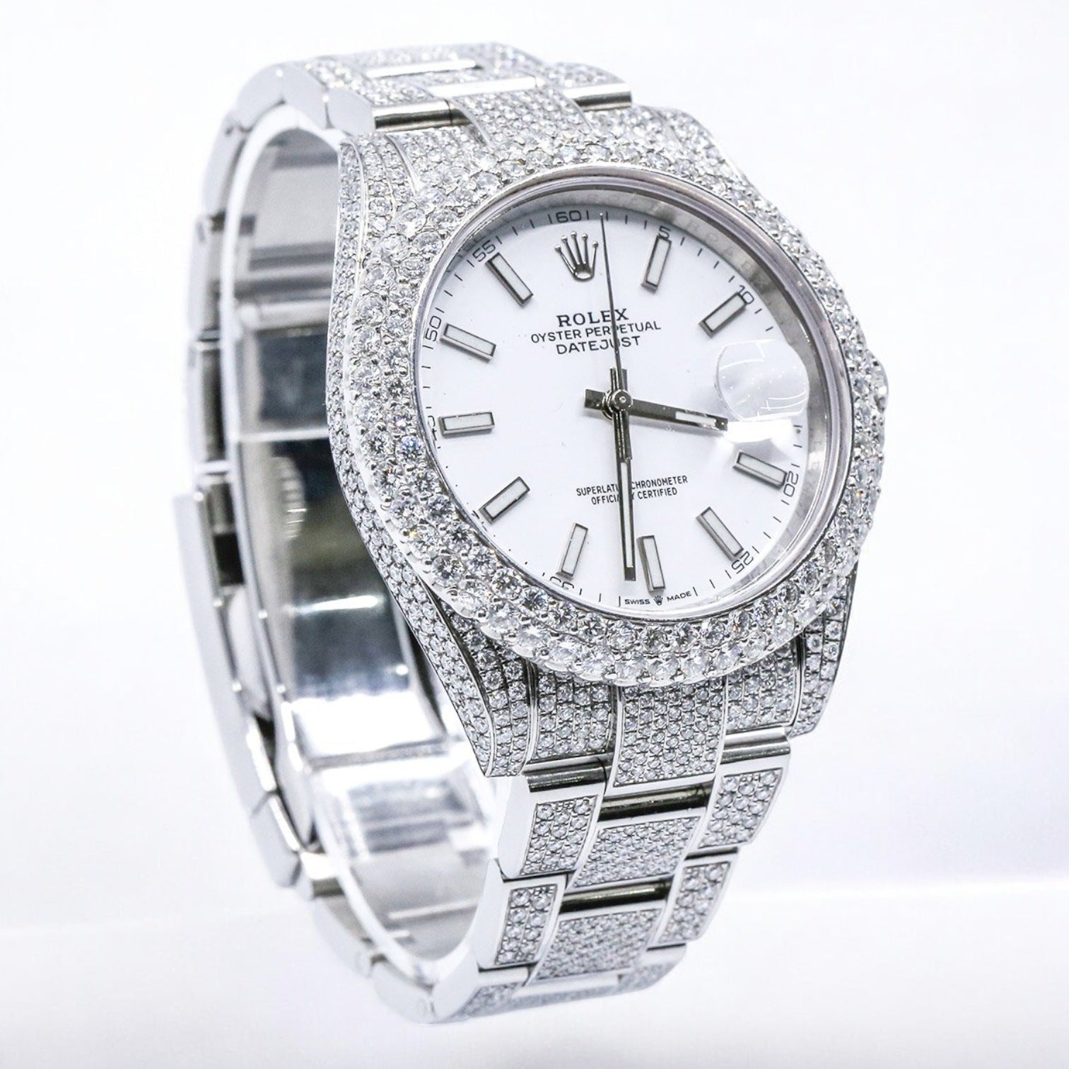 Datejust 41 Iced Out White Stick Dial Oyster Bracelet - Custom