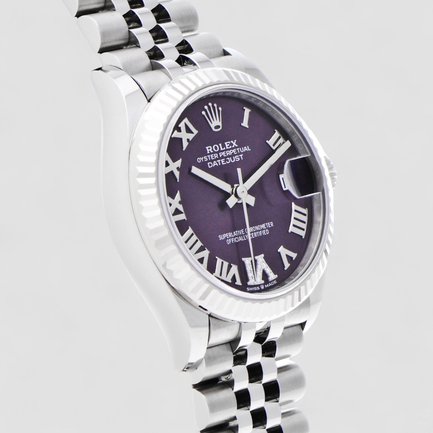 Datejust 31 Stainless Steel and White Gold Aubergine Roman Diamond Dial Women's Watch