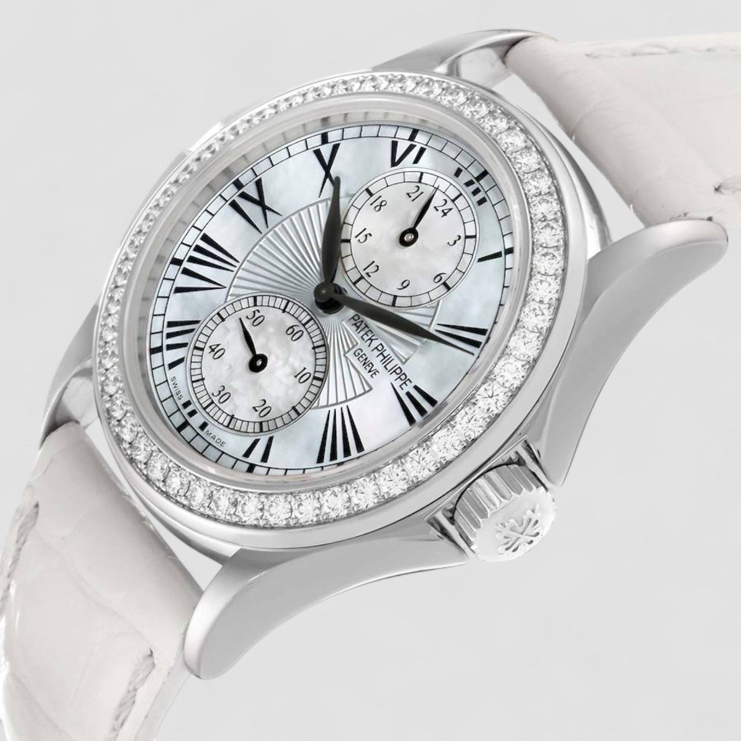 Calatrava Travel Time White Gold Mother of Pearl Diamond Ladies Watch