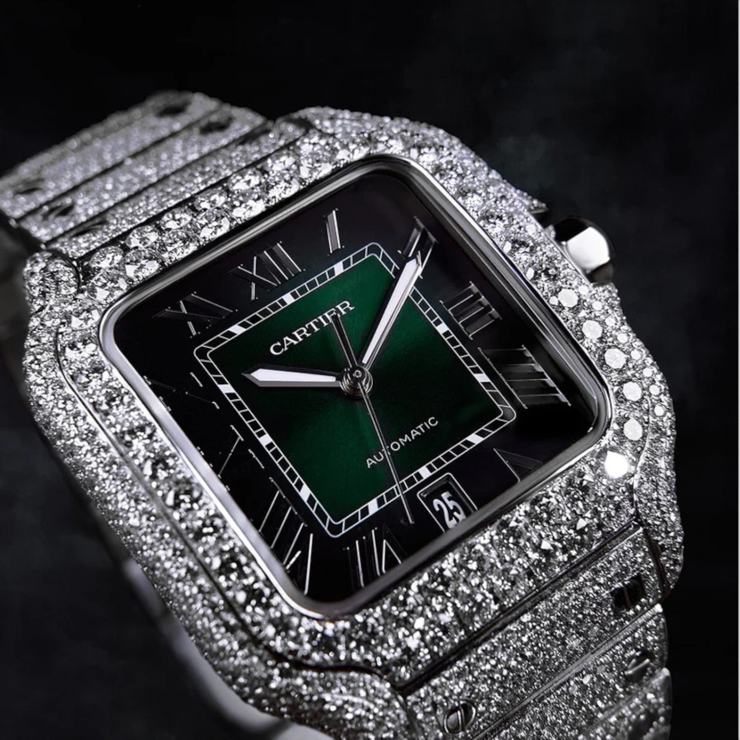 Santos Large – Steel – Custom Diamond-Set with Green Dial Iced Out