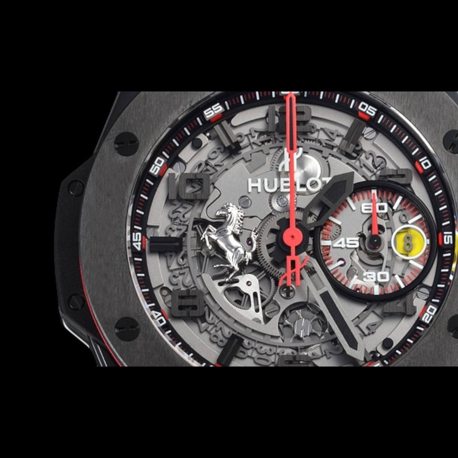 Big Bang Unico Ferrari Skeleton Red Arabic Black Ceramic Case Leather 45mm