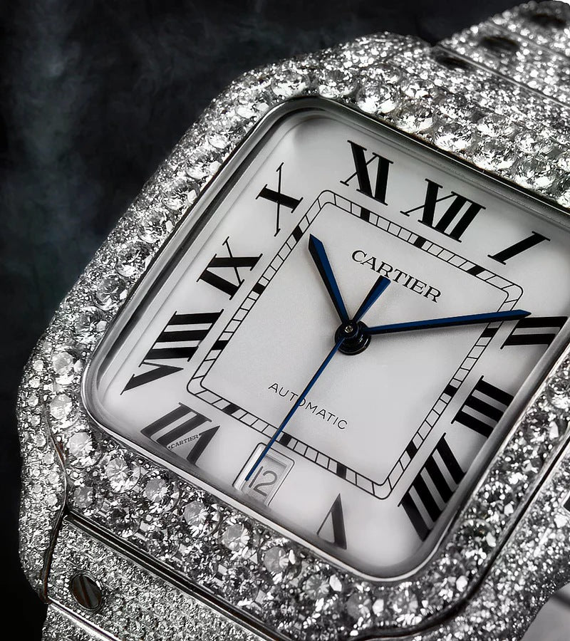 Santos Large – Custom Diamond-Set with White Roman Dial – Blue Sword Hands Iced Out