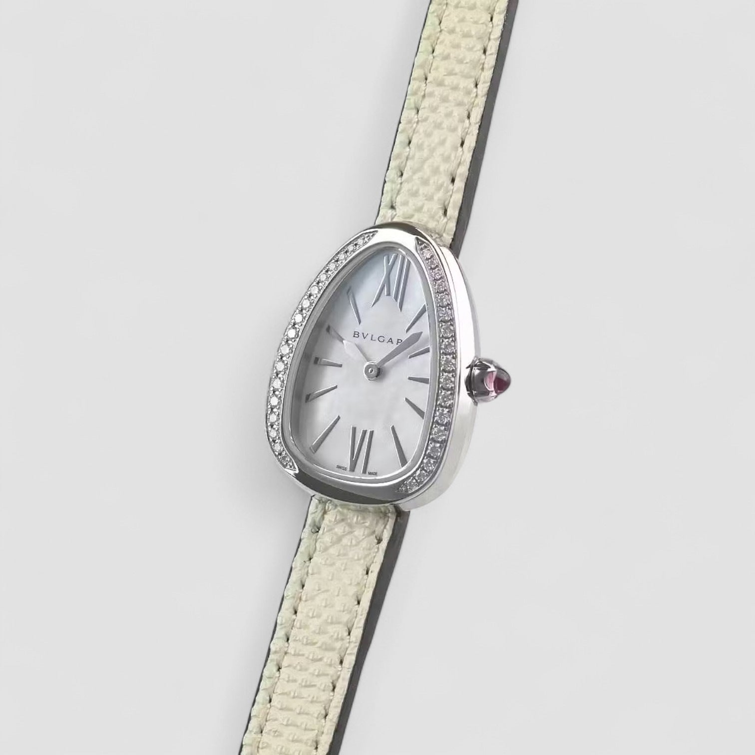 Serpenti White Mother of Pearl Dial Ladies Double Leather Watch