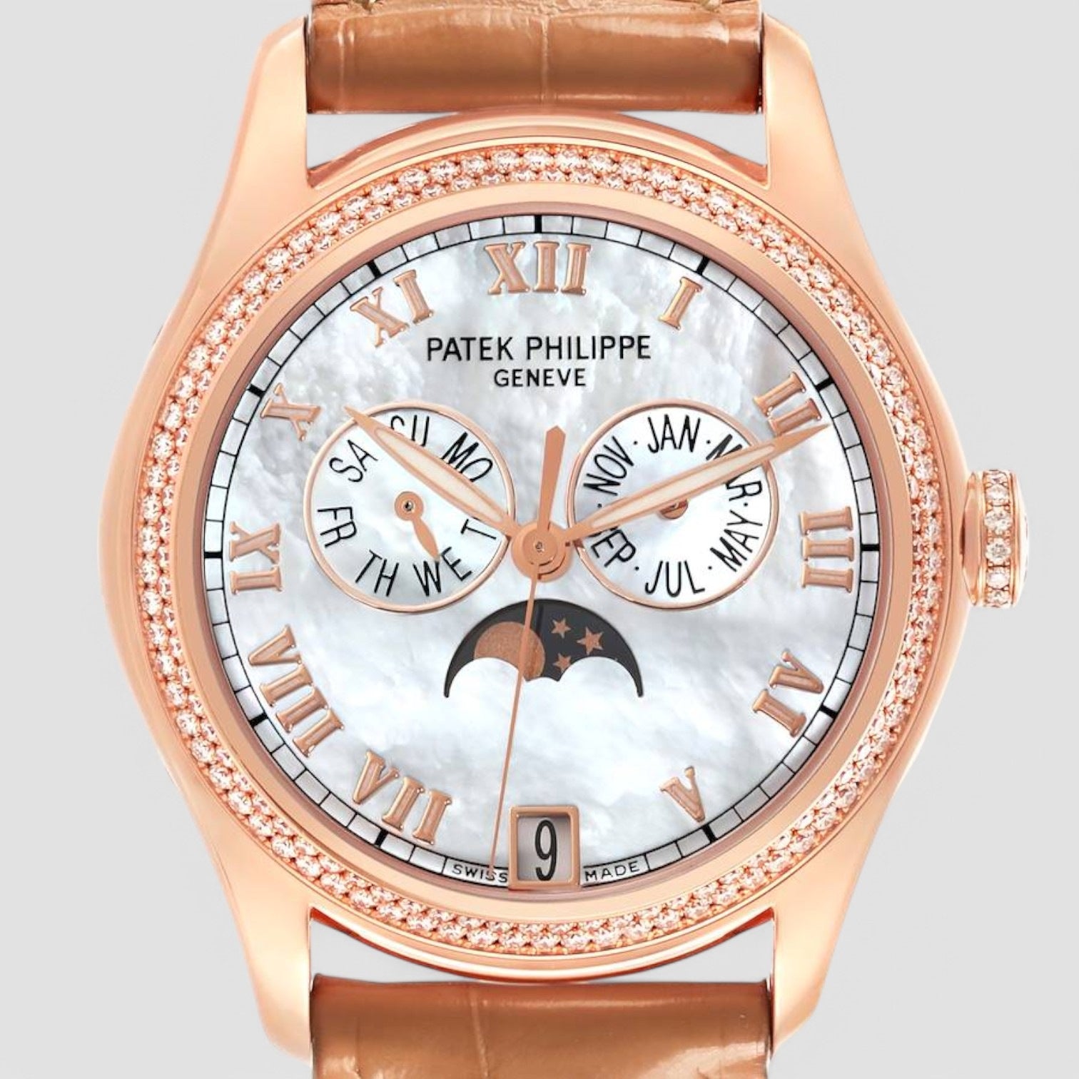 Annual Calendar Rose Gold Mother of Pearl Diamond Mens Watch