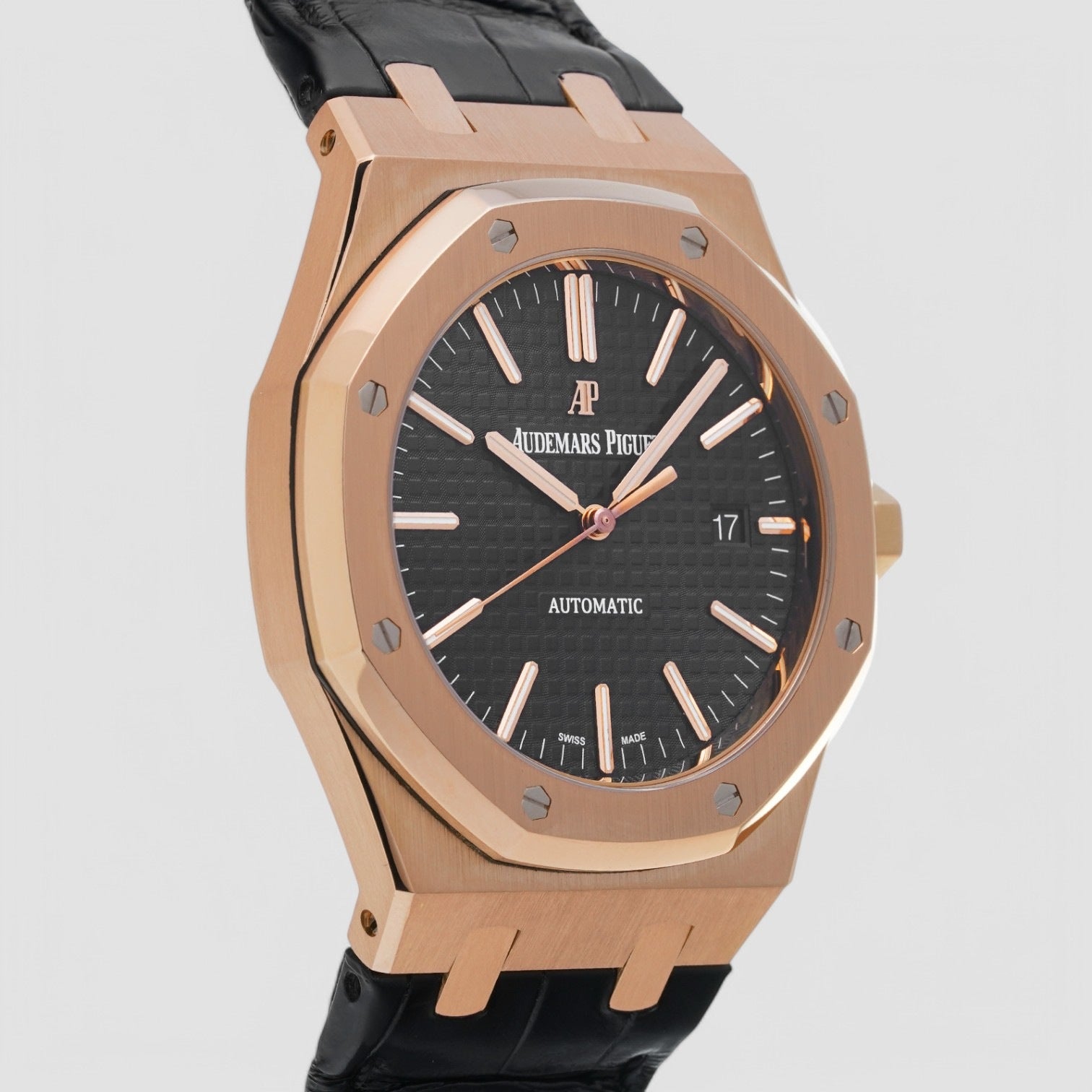 Royal Oak Black Dial 18K Rose Gold/Rubber Strap