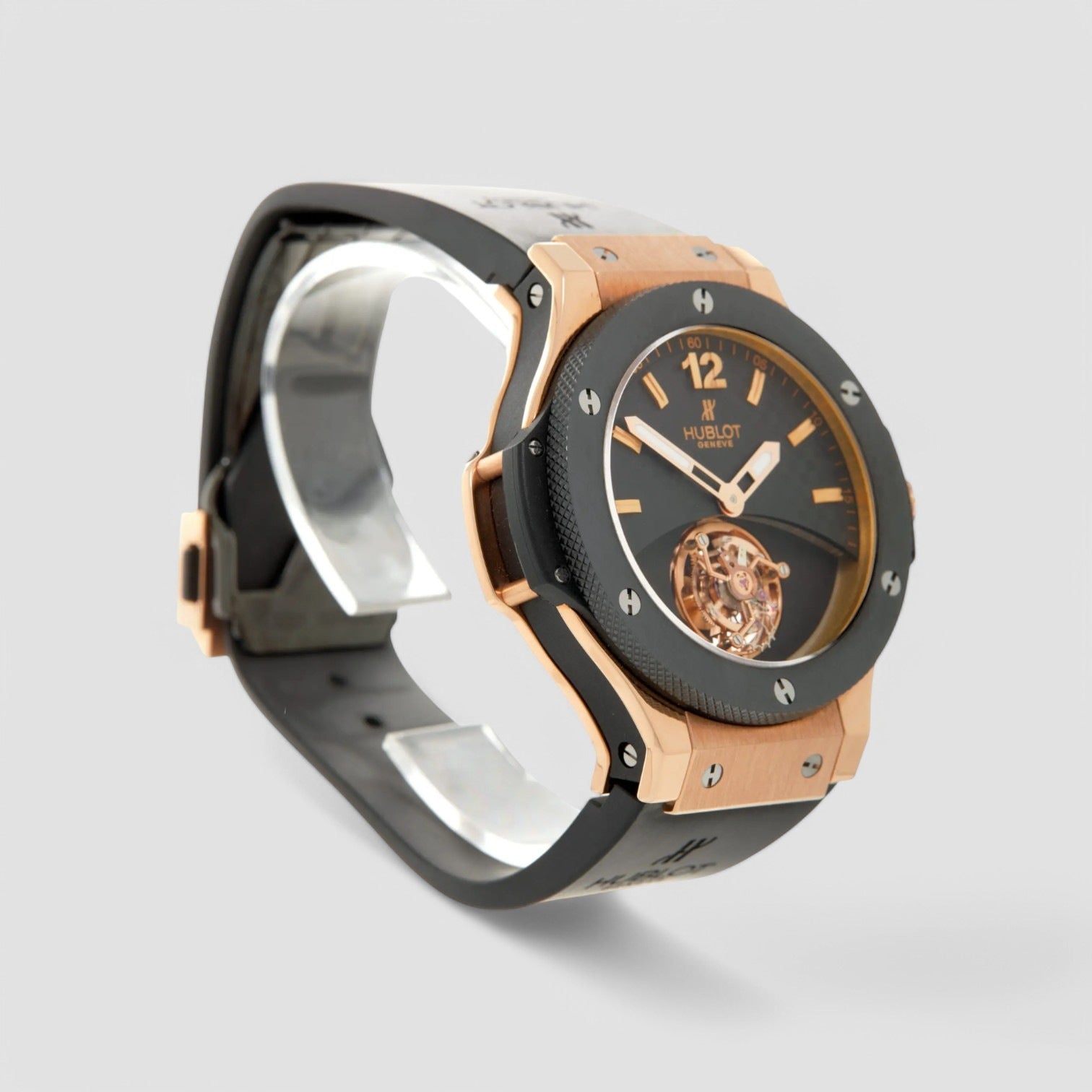 Tourbillon Solo Bang Black Carbon Fiber Dial 18kt Rose Gold Black Rubber Men's Watch
