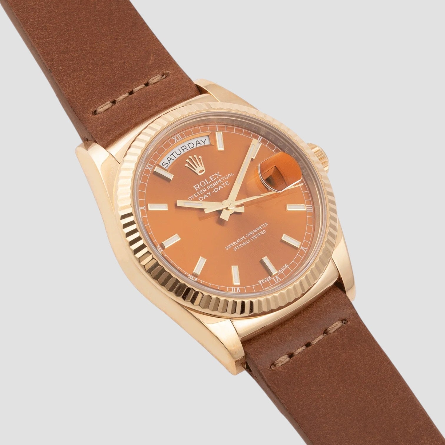 Day Date Cognac Dial 18K Yellow Gold Leather Men's Watch