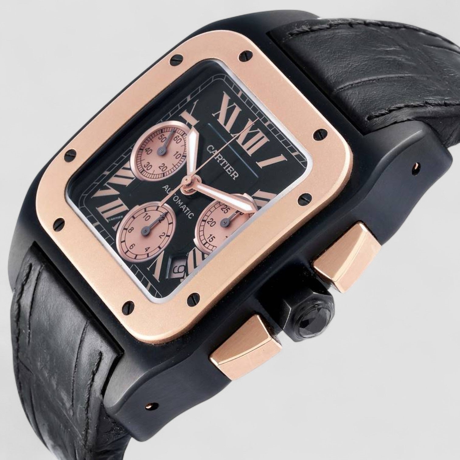 Santos 100 XL Carbon Rose Gold Chronograph Mens Watch