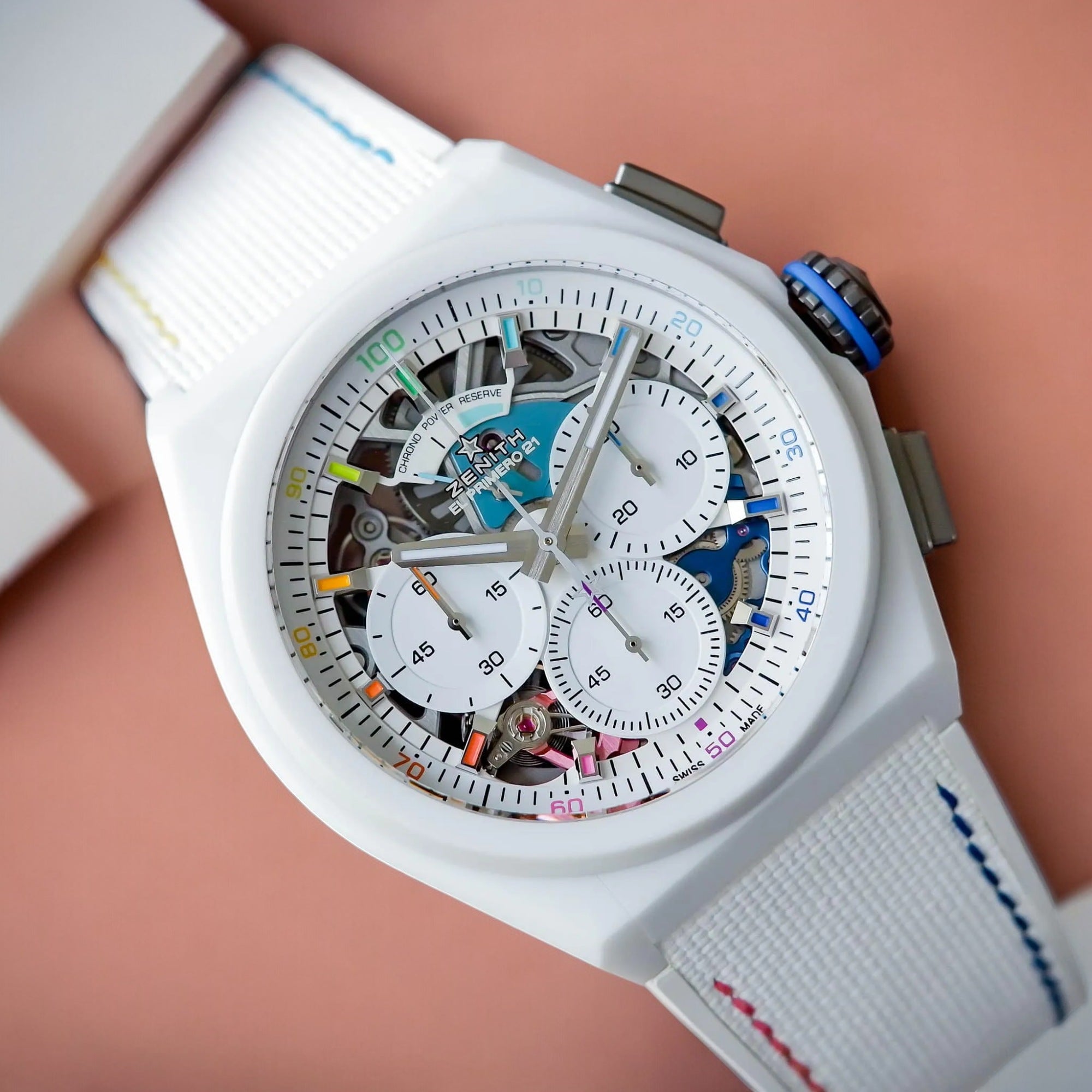 Defy 21 Chroma II Watch - 44 mm White Ceramic Case - White Openworked Dial - White Rubber