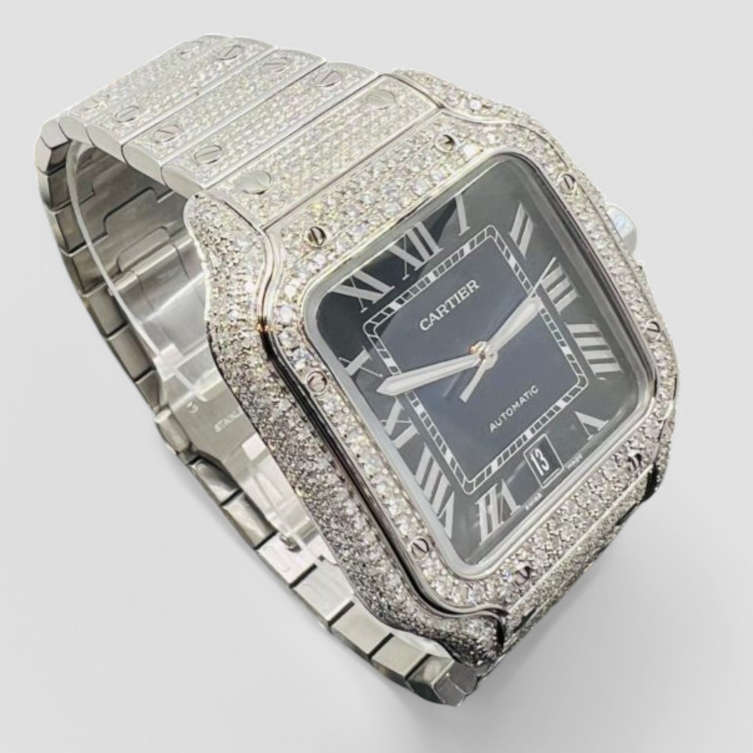 Santos De Cartier Iced Out Diamond – Roman Blue Dial