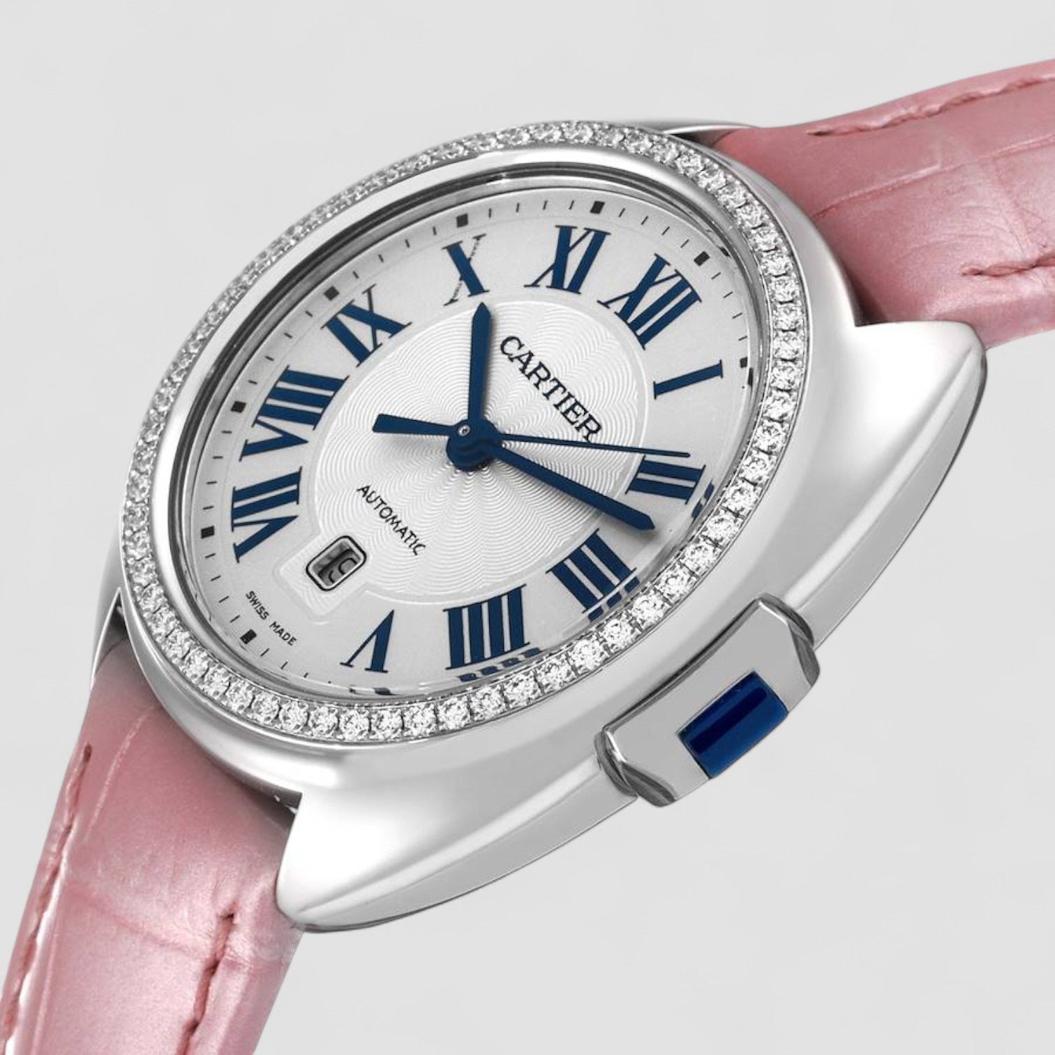 Cle Silver Guilloche Dial Diamond Steel Ladies Watch