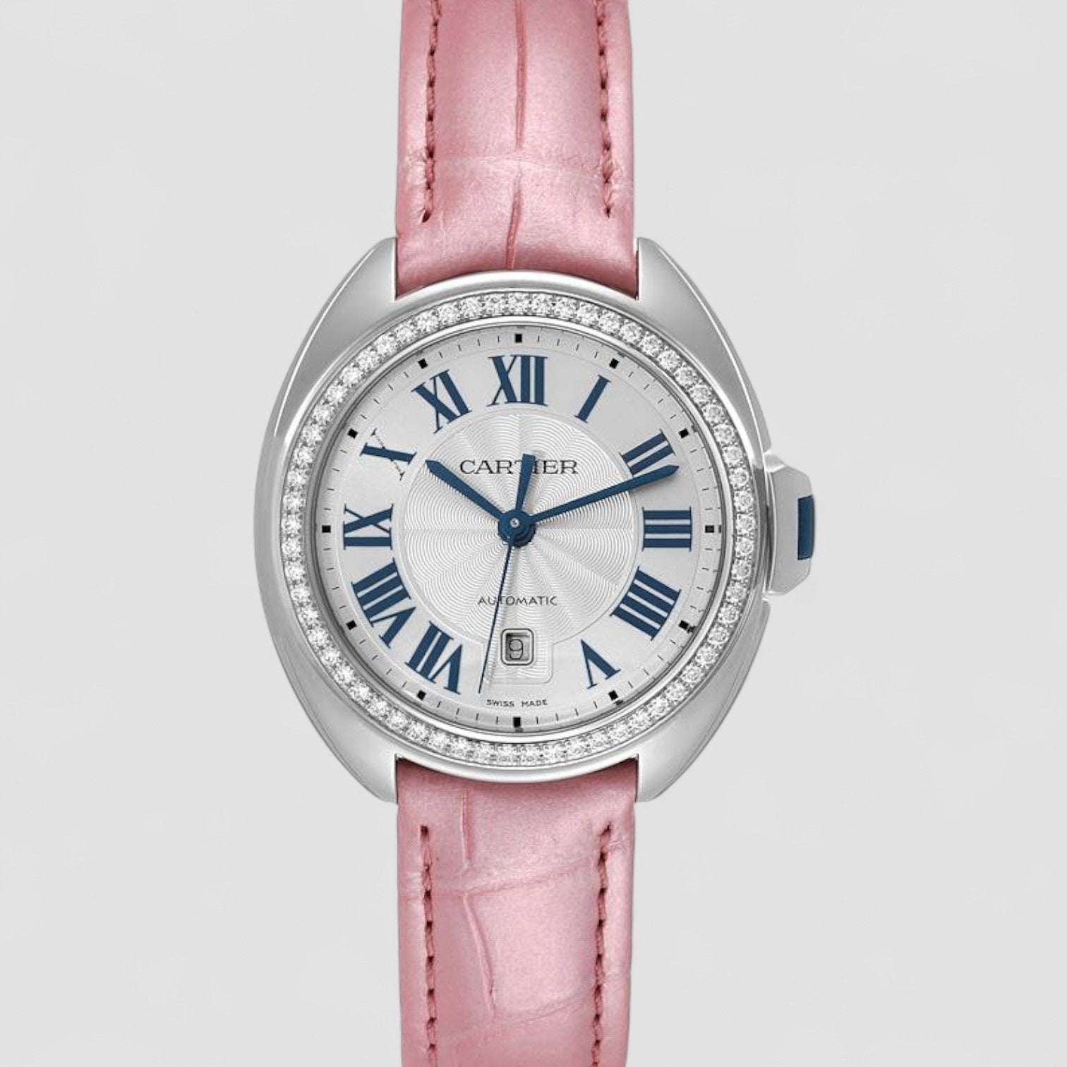 Cle Silver Guilloche Dial Diamond Steel Ladies Watch