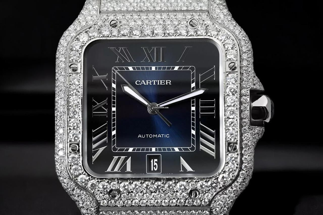 Santos De Cartier Blue Dial Medium Iced Out Diamond – Roman Blue Dial