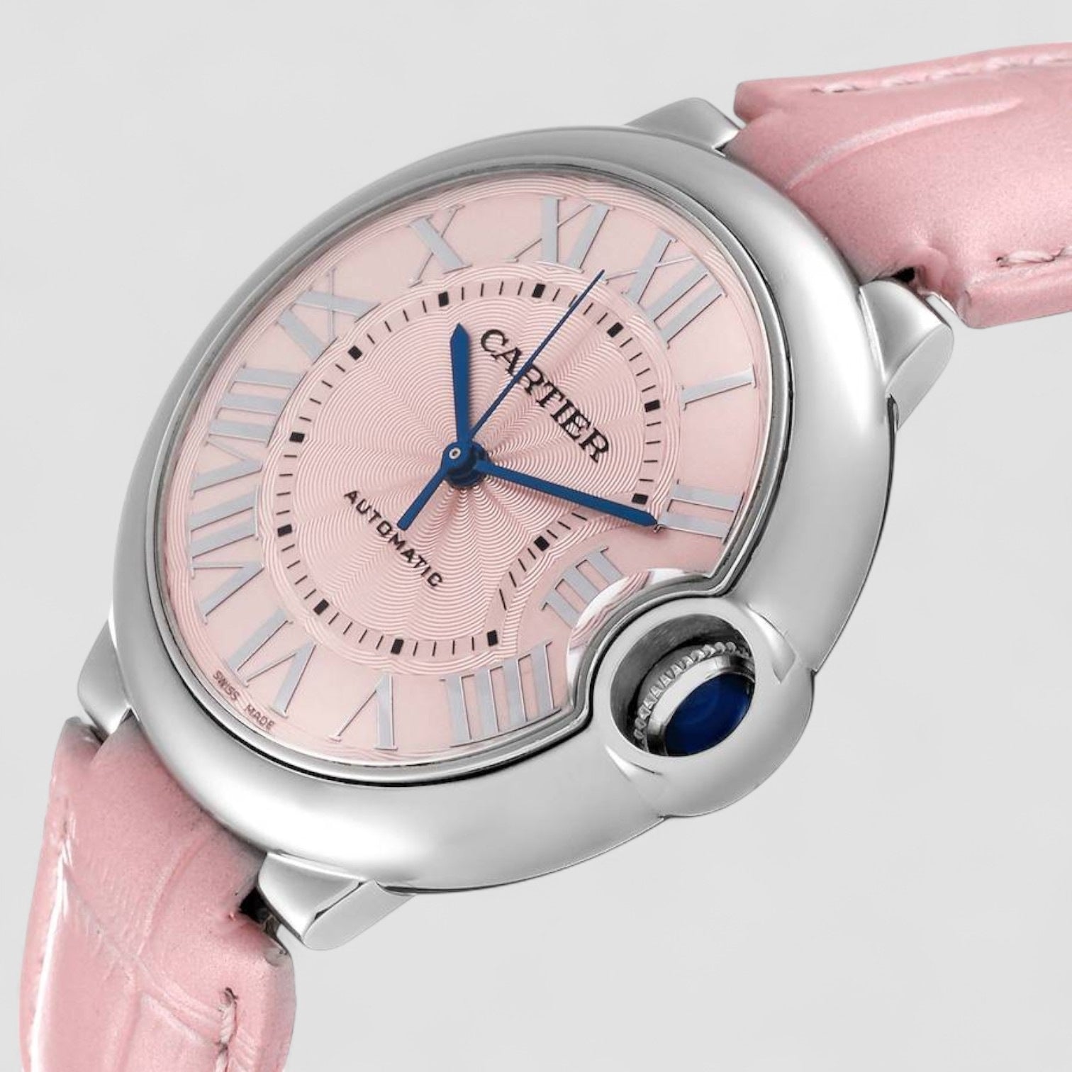 Ballon Bleu Pink Dial Leather Strap Steel Ladies Watch