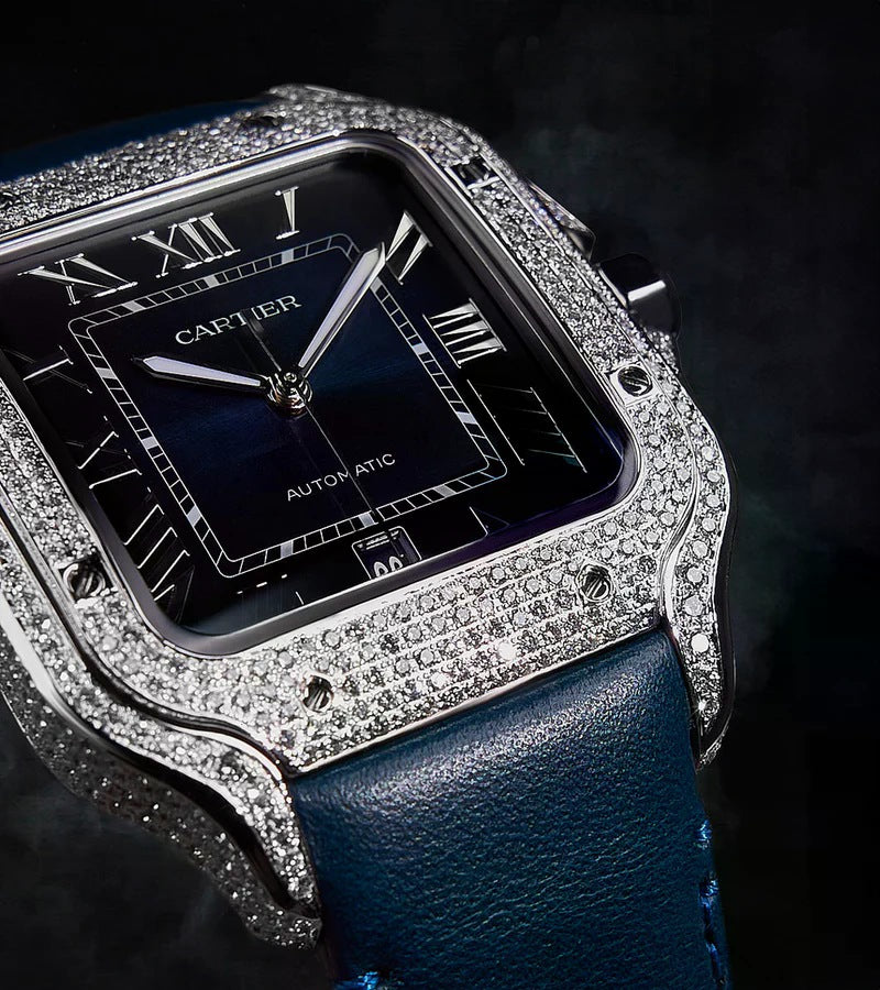 Santos De Cartier Iced Out Diamond – Roman Blue Dial