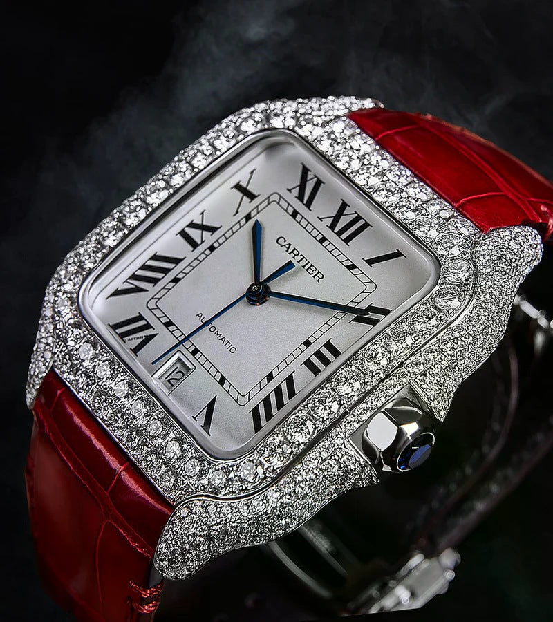 Santos Large – Steel – Custom Diamond-Set with Red Alligator Bracelet Iced Out