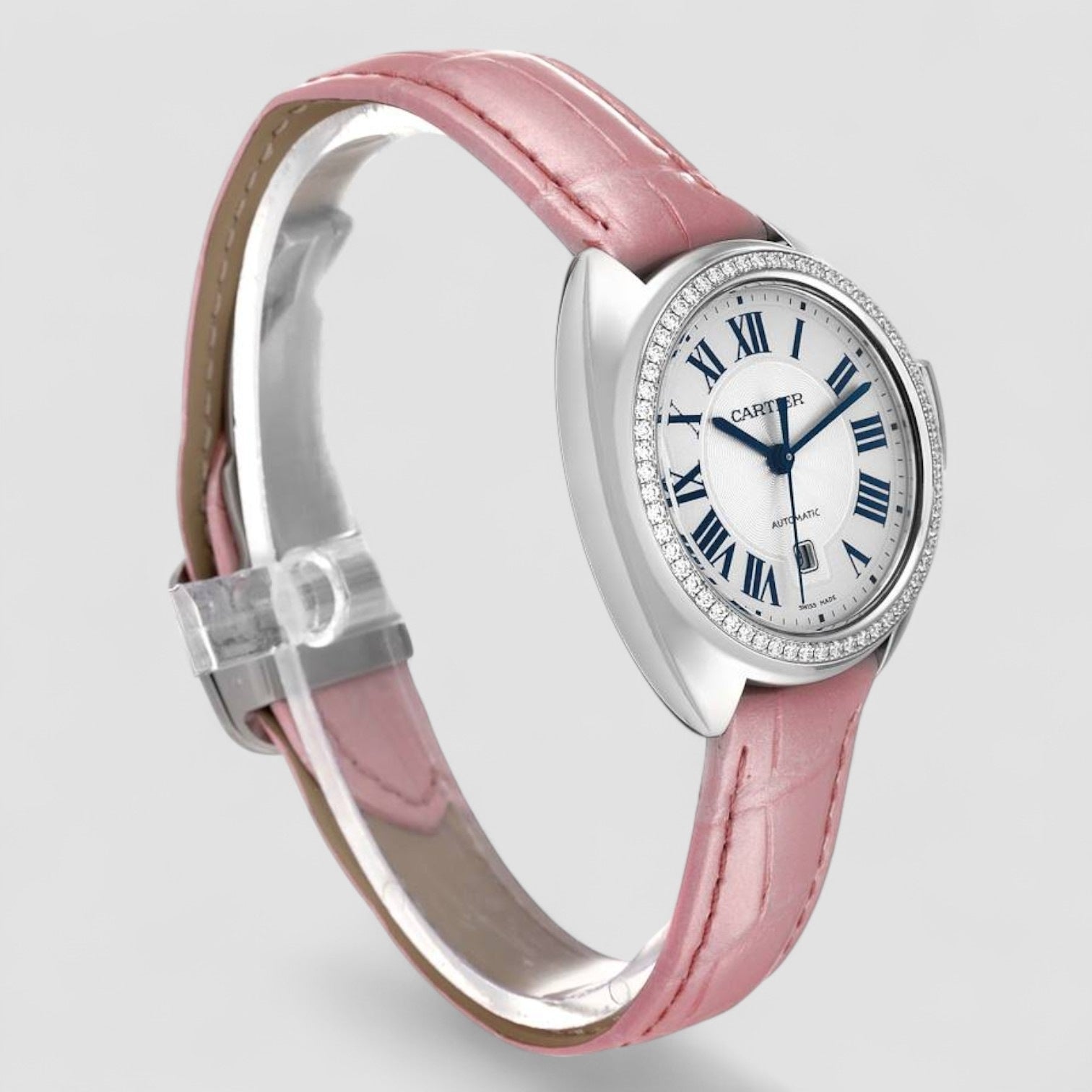 Cle Silver Guilloche Dial Diamond Steel Ladies Watch