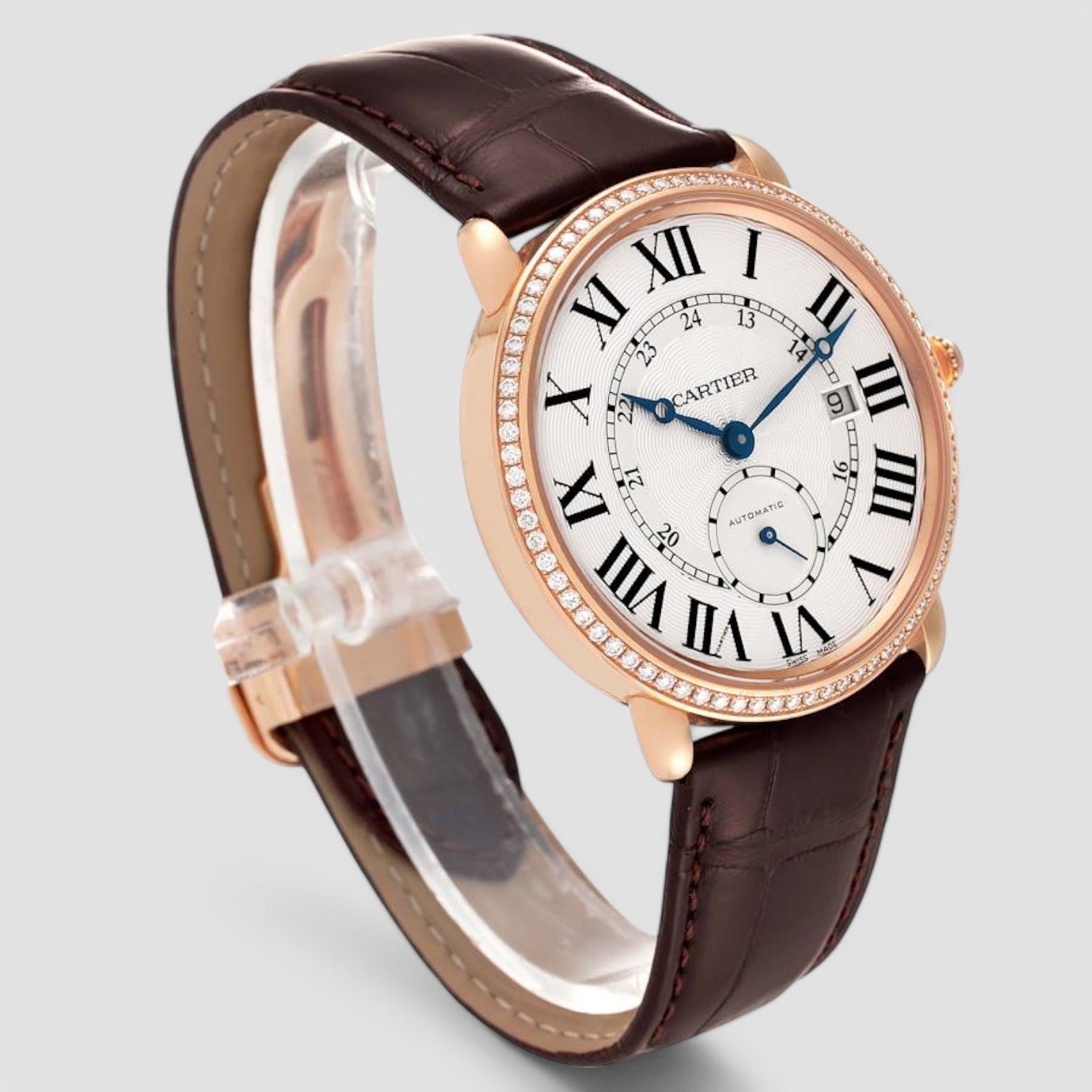 Ronde Louis Rose Gold Diamond Bezel Silver Dial Mens Watch