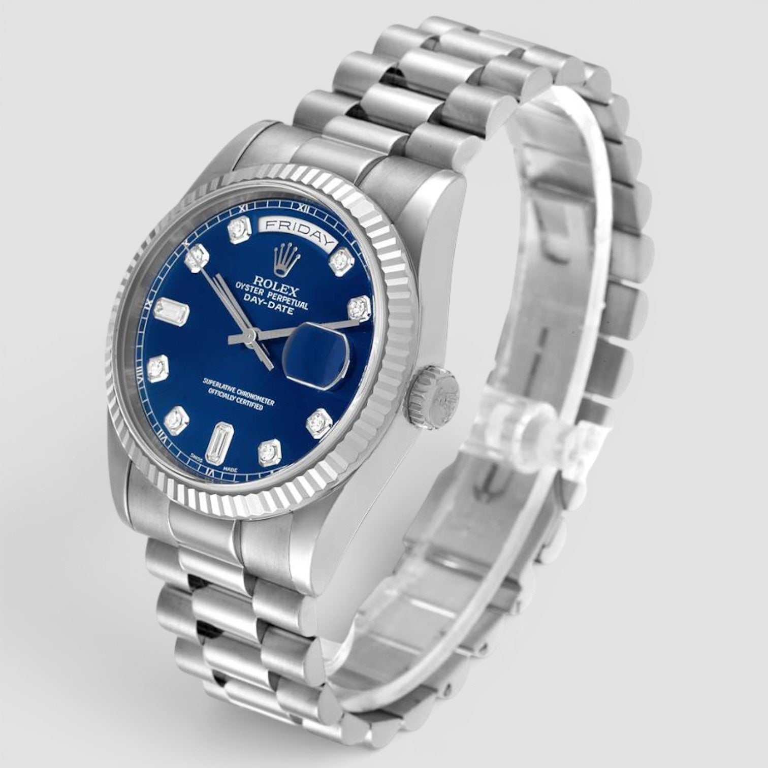 President Day-Date White Gold Blue Diamond Dial Mens Watch