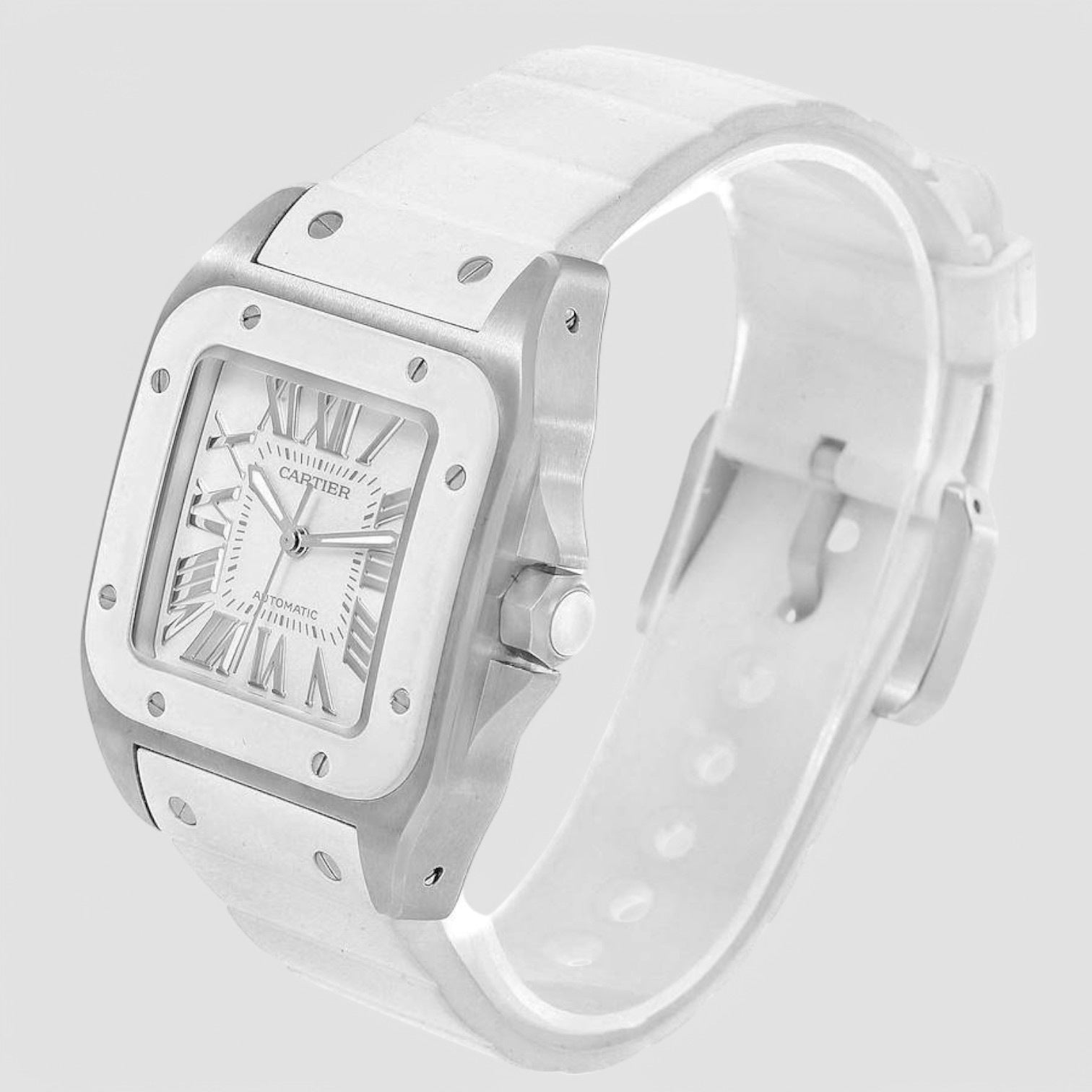 Santos 100 White Rubber Strap Steel Ladies Watch