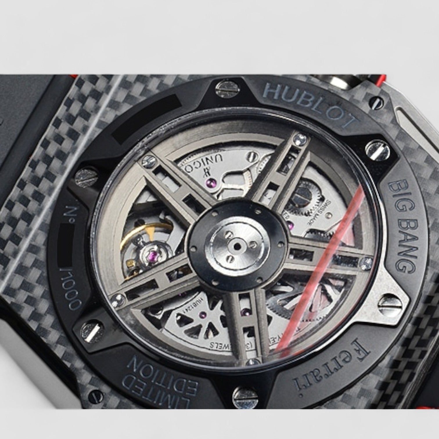 Big Bang Unico Ferrari Skeleton Pink Arabic Carbon Fiber Case Leather 45mm