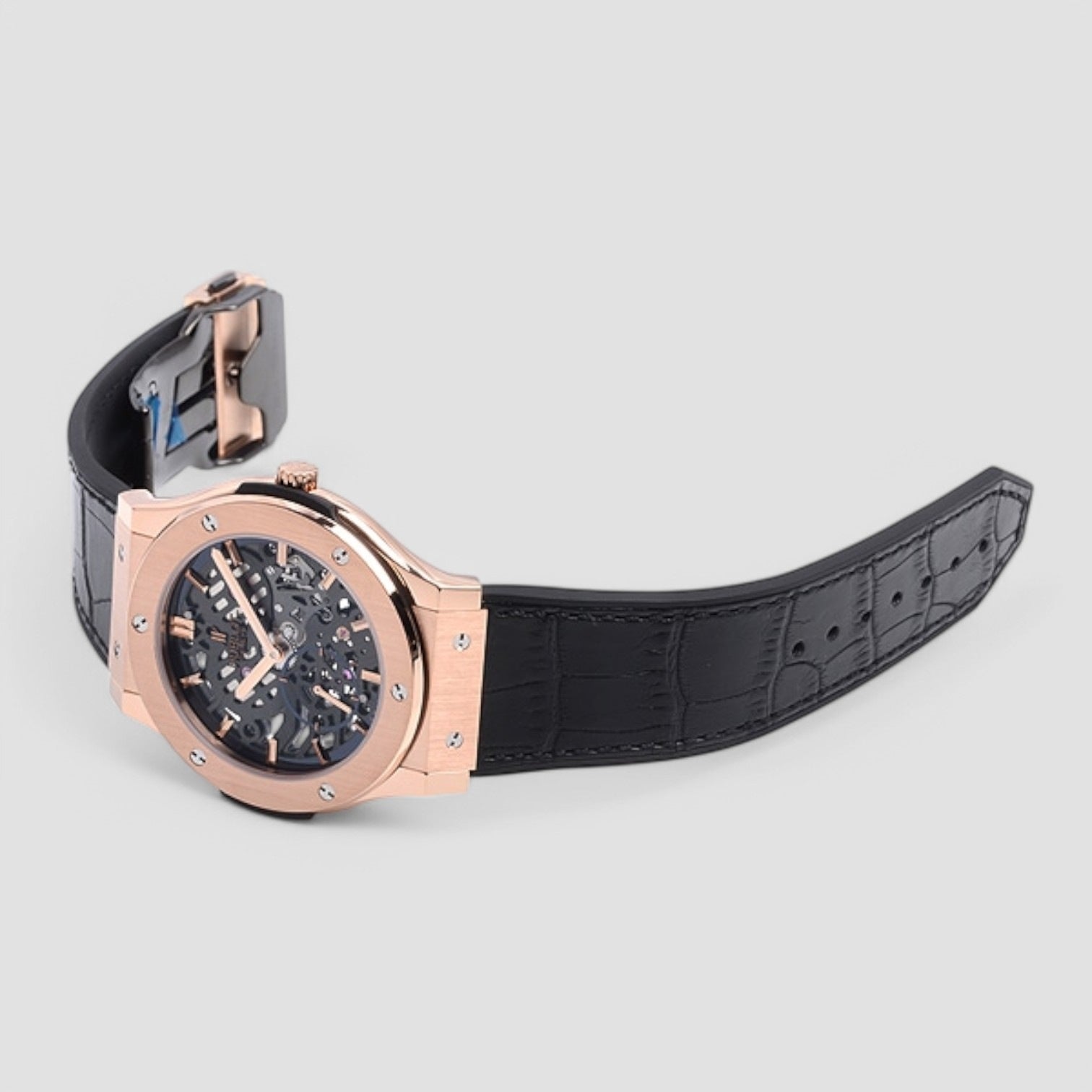 Classic Fusion 18kt Rose Gold Hand Wind Skeleton Dial Black Leather Men's Watch