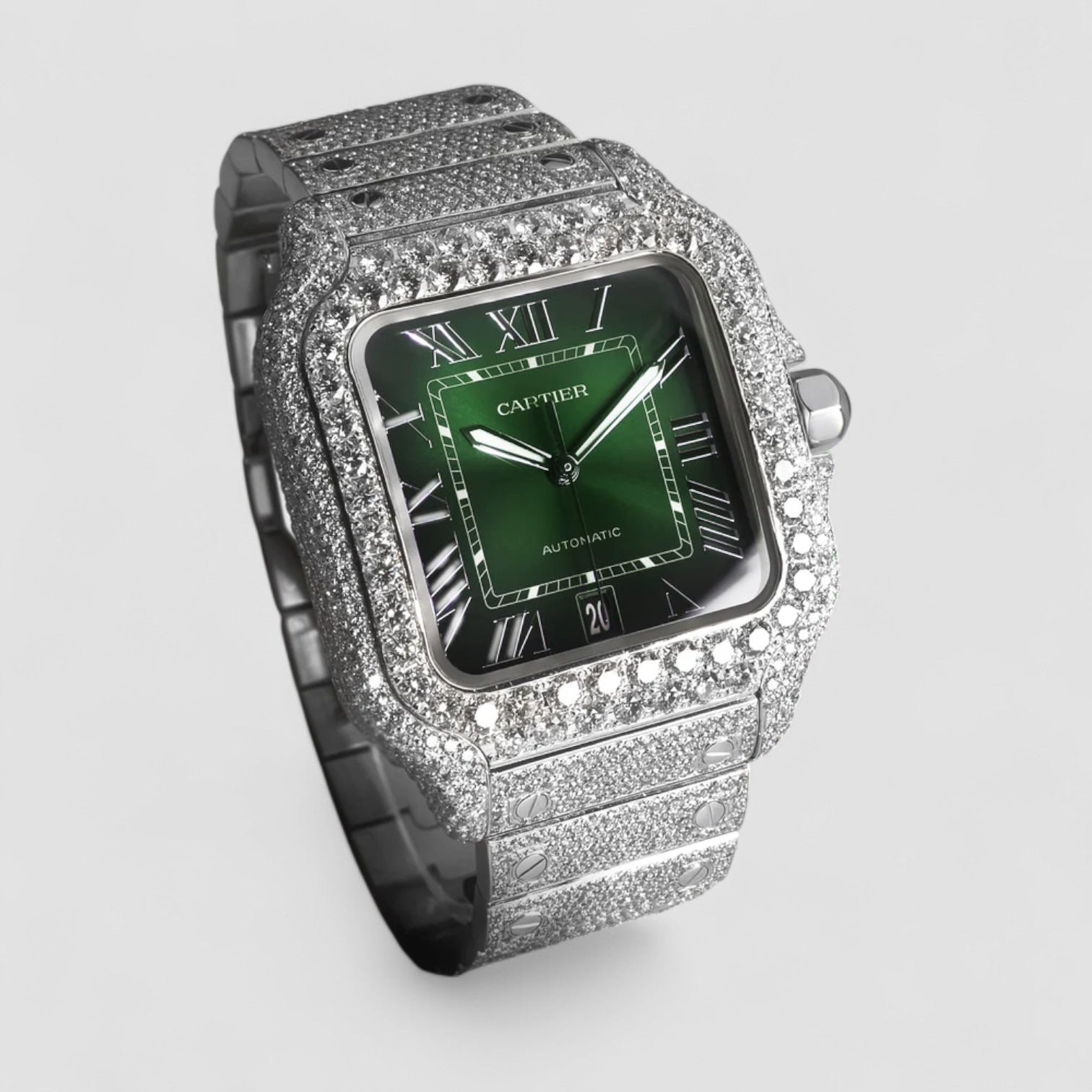 Santos Large – Steel – Custom Diamond-Set with Green Dial Iced Out