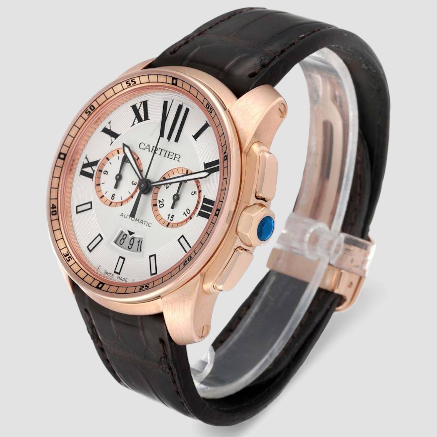Calibre Silver Dial Rose Gold Chronograph Mens Watch