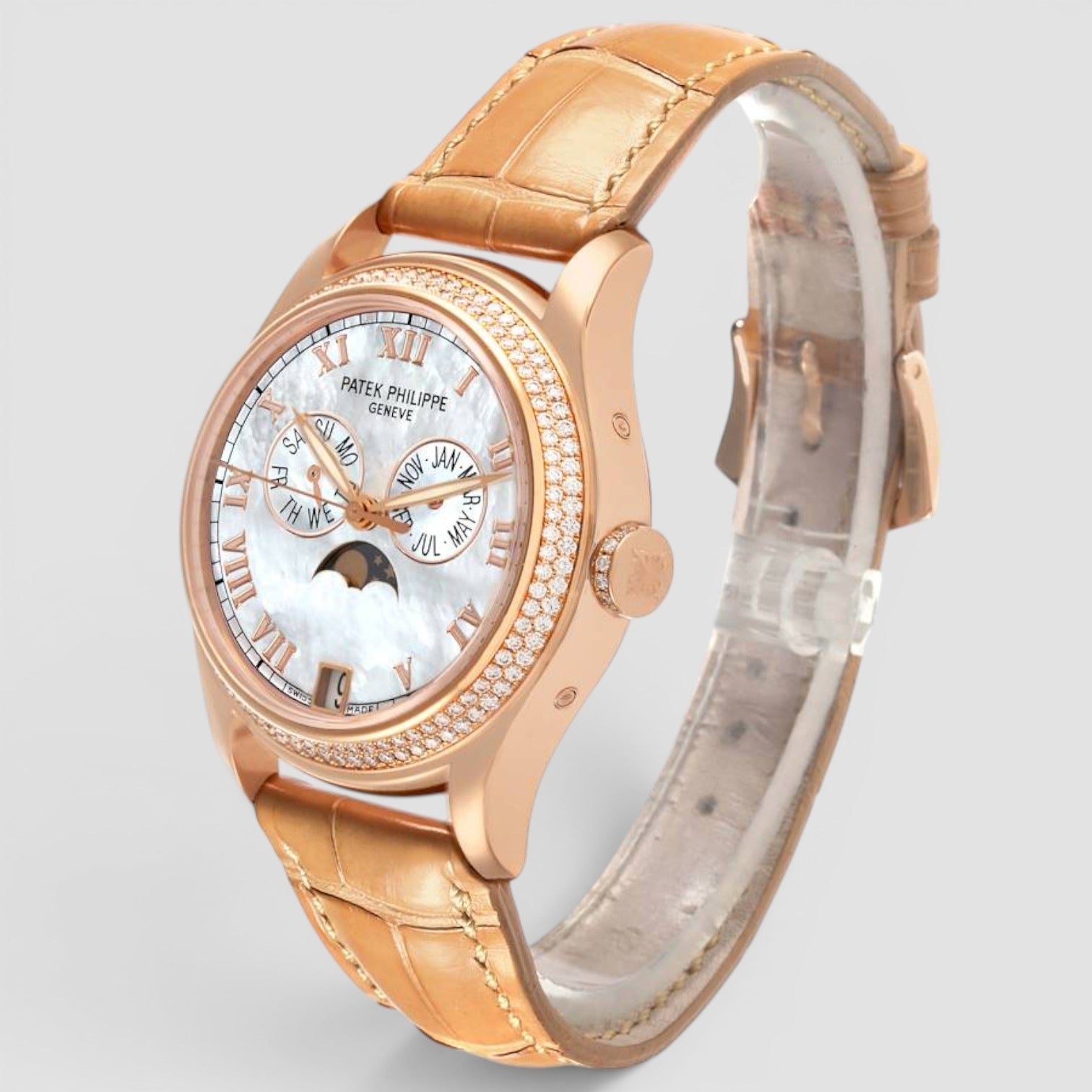 Annual Calendar Complications 37mm Rose Gold Diamond Mother of Pearl Dial