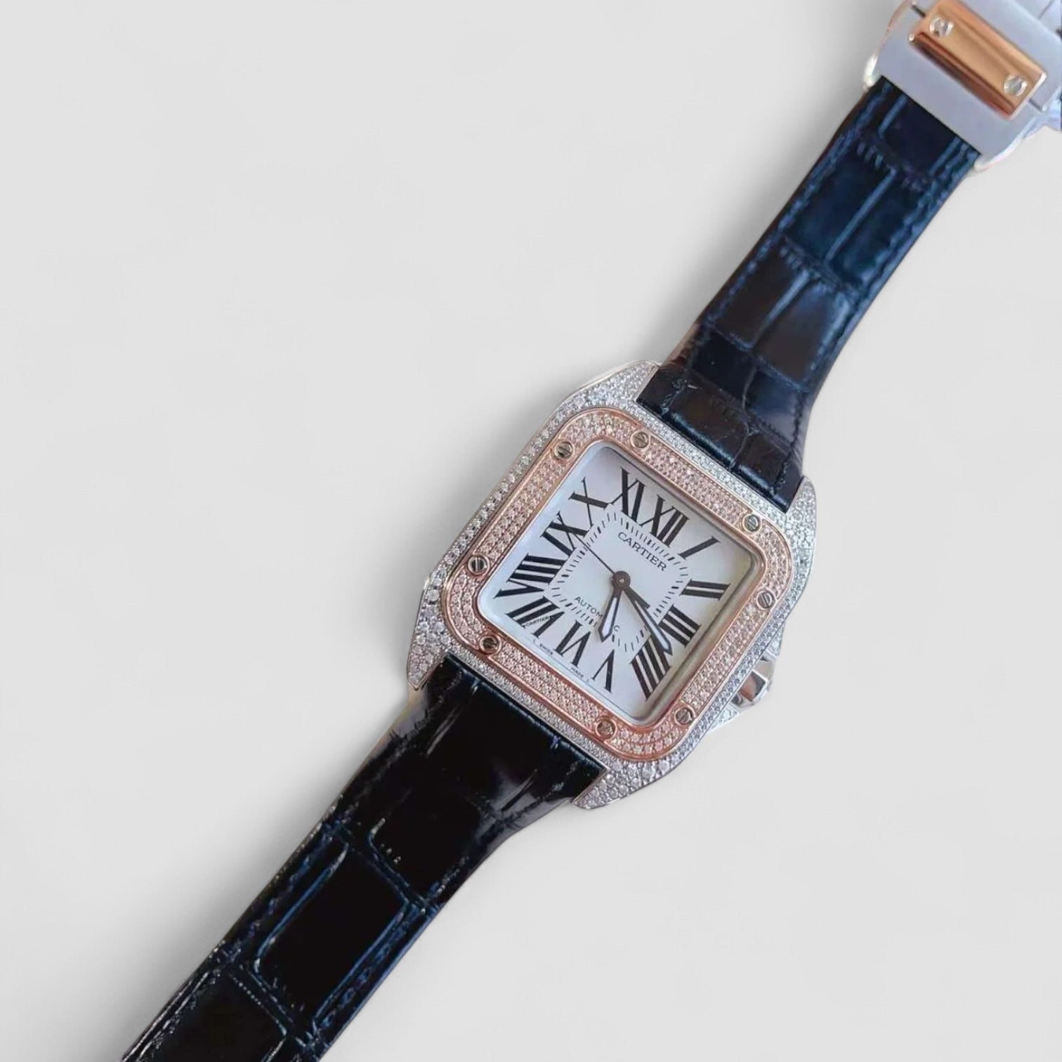 Santos 100 18kt Rose Gold and Steel Midsize Iced Out Custom Diamonds