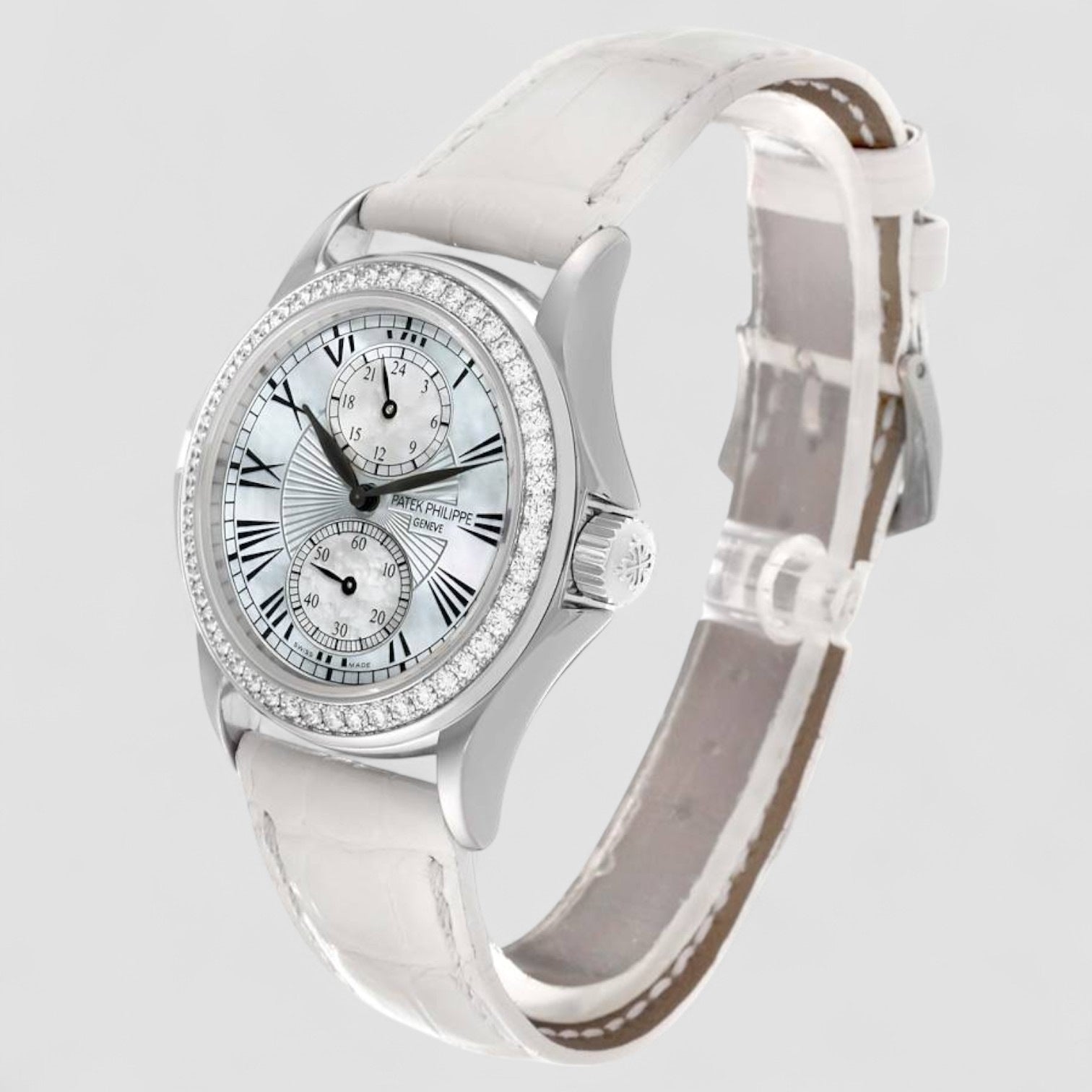 Calatrava Travel Time White Gold Mother of Pearl Diamond Ladies Watch