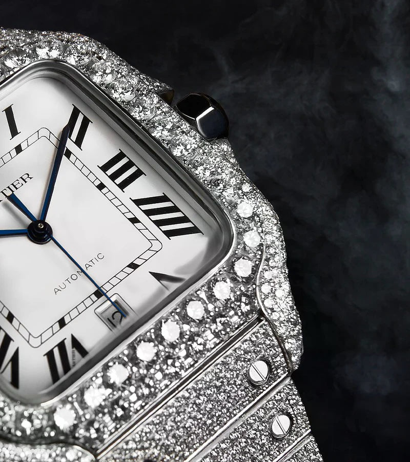 Santos Large – Custom Diamond-Set with White Roman Dial – Blue Sword Hands Iced Out