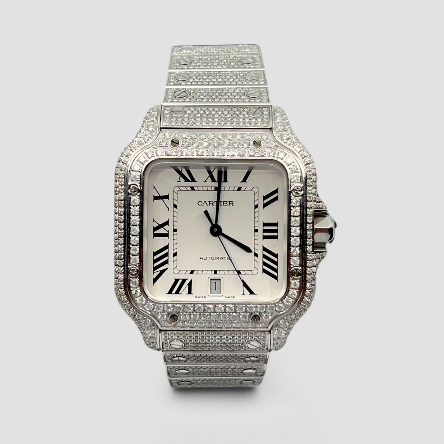 Santos De Cartier Iced Out Diamond – White Dial