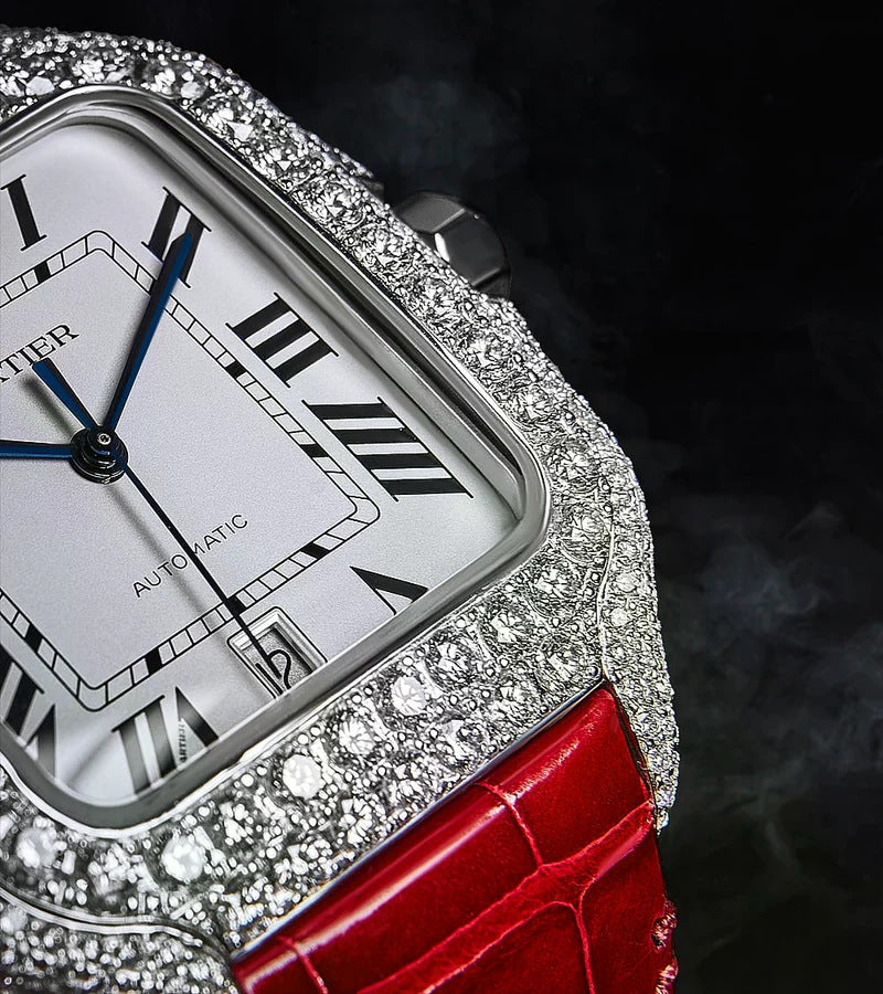 Santos Large – Steel – Custom Diamond-Set with Red Alligator Bracelet Iced Out