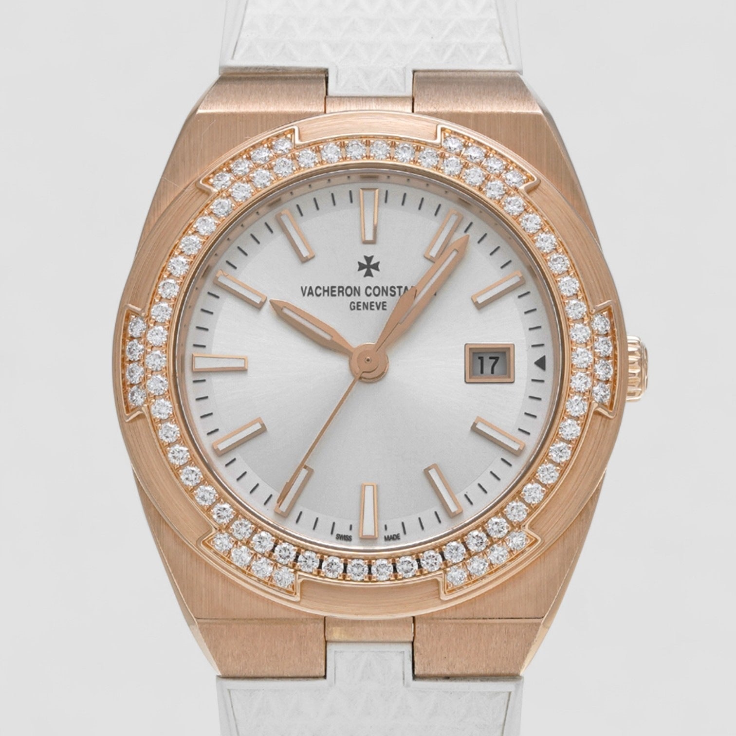 Overseas Quartz Pink Rose Gold Silver Dial Diamond Bezel 33mm