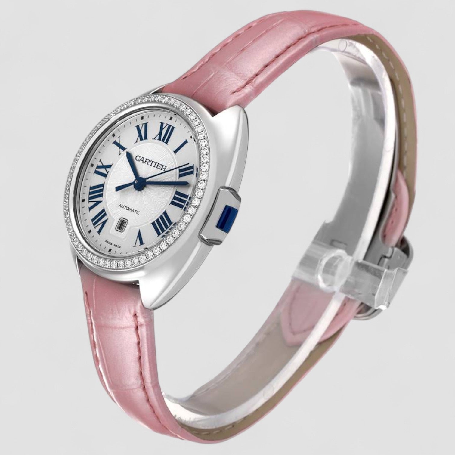 Cle Silver Guilloche Dial Diamond Steel Ladies Watch