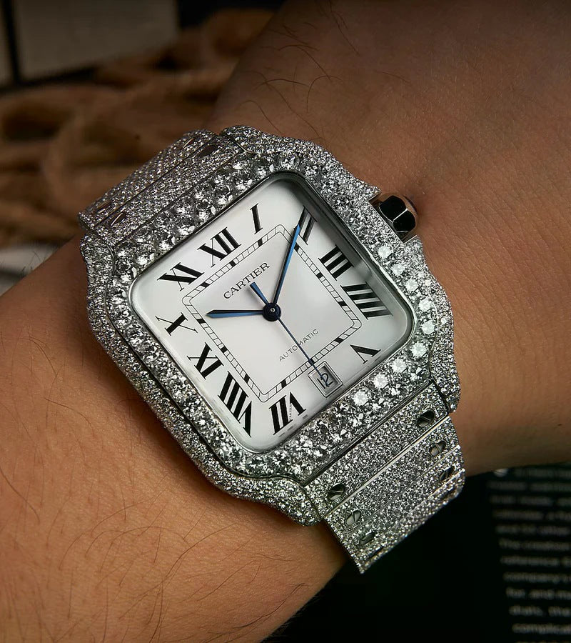 Santos Large – Custom Diamond-Set with White Roman Dial – Blue Sword Hands Iced Out