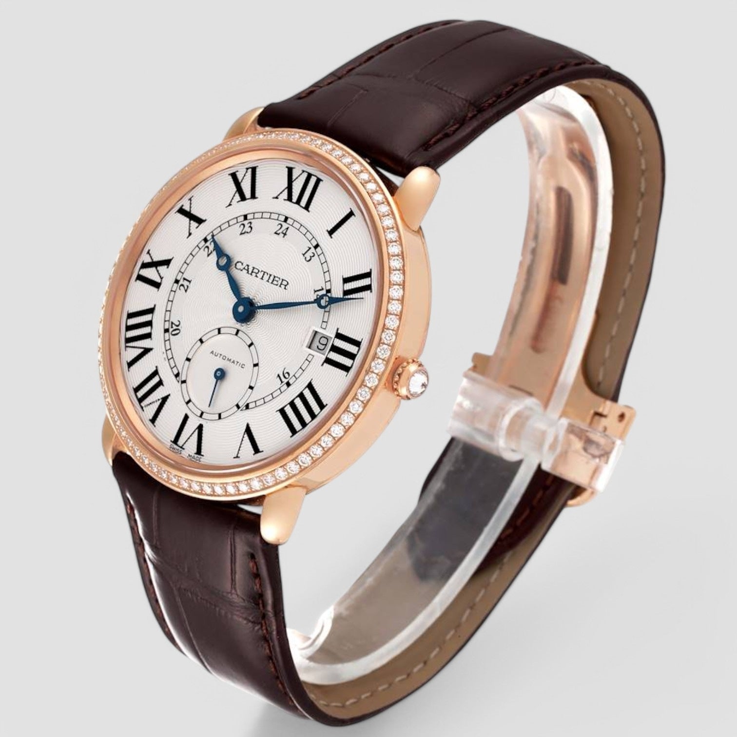 Ronde Louis Rose Gold Diamond Bezel Silver Dial Mens Watch