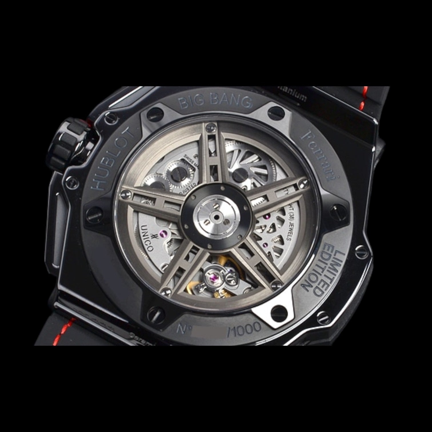 Big Bang Unico Ferrari Skeleton Red Arabic Black Ceramic Case Leather 45mm