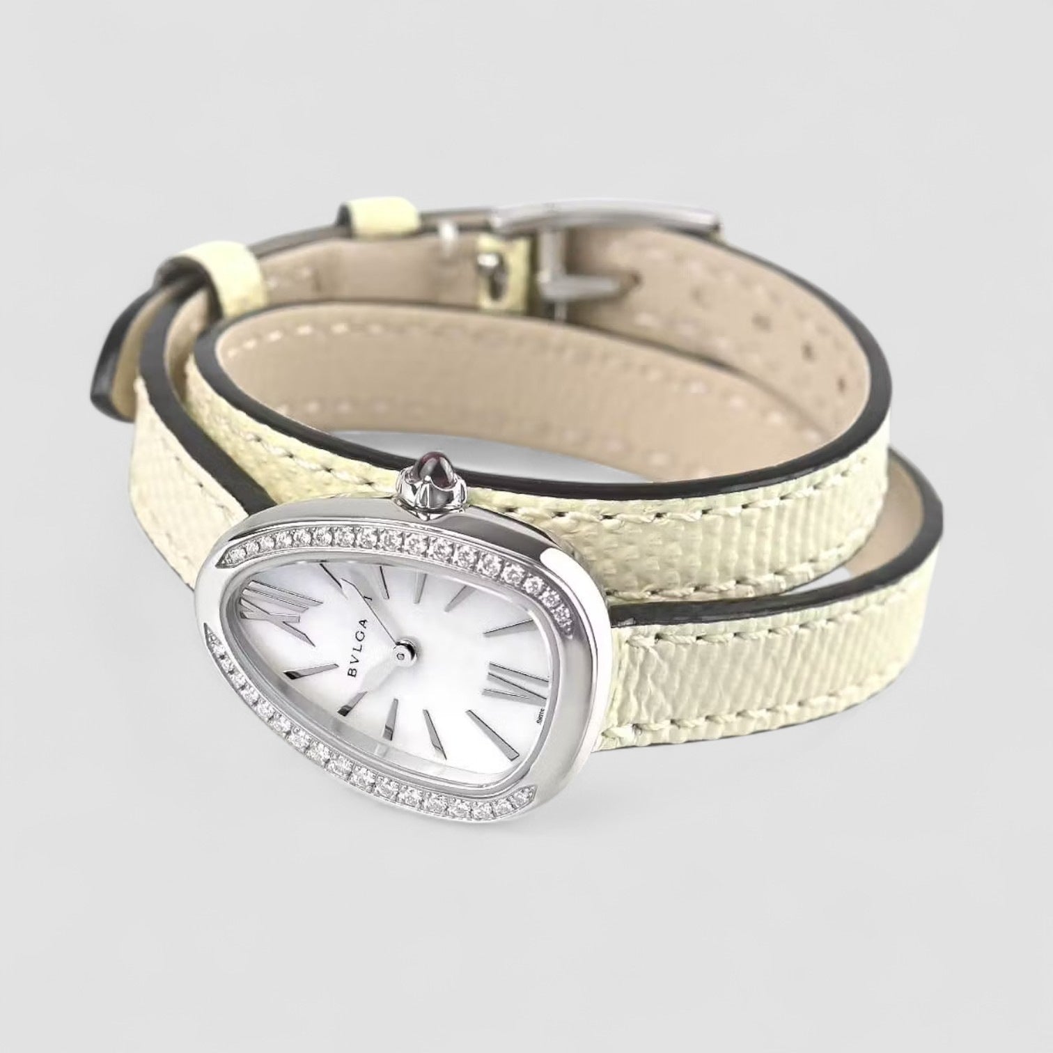 Serpenti White Mother of Pearl Dial Ladies Double Leather Watch